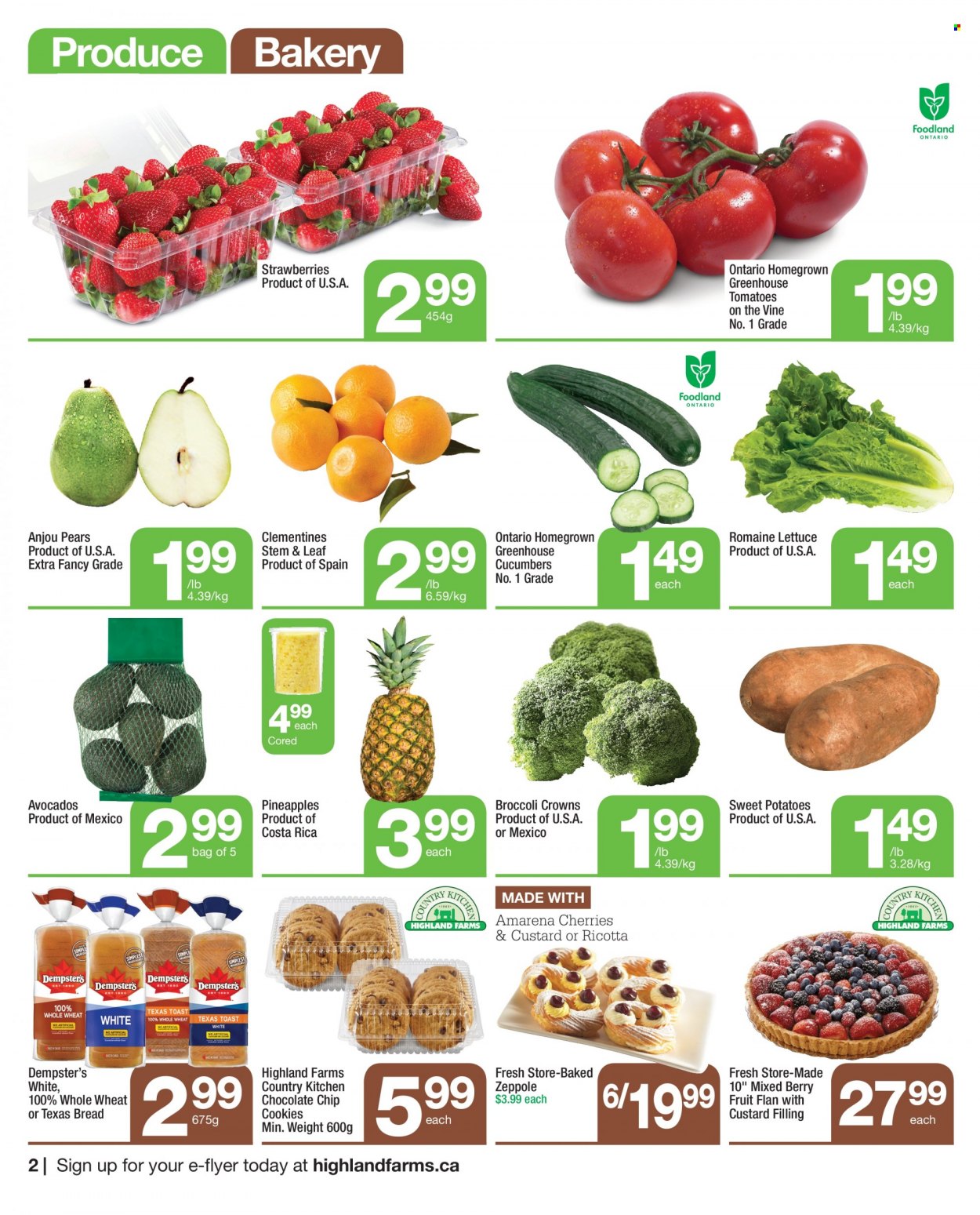 thumbnail - Highland Farms Flyer - March 09, 2023 - March 22, 2023 - Sales products - bread, cucumber, sweet potato, tomatoes, potatoes, lettuce, avocado, clementines, strawberries, pineapple, cherries, pears, cookies, chocolate chips, ricotta. Page 2.