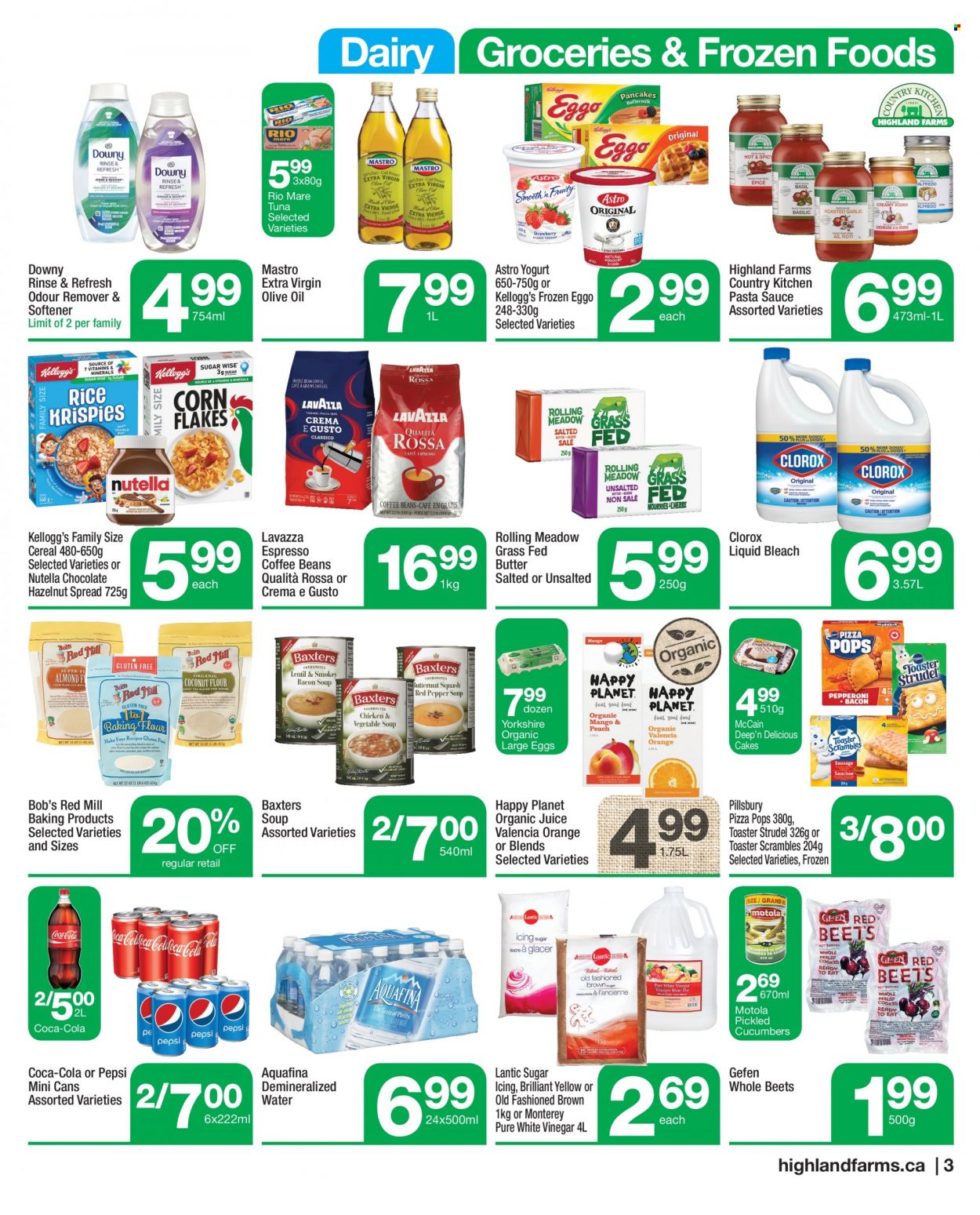 thumbnail - Highland Farms Flyer - March 09, 2023 - March 22, 2023 - Sales products - cake, strudel, cucumber, oranges, tuna, pizza, pasta sauce, soup, sauce, Pillsbury, yoghurt, large eggs, butter, McCain, chocolate, Kellogg's, sugar, cereals, extra virgin olive oil, vinegar, olive oil, oil, hazelnut spread, Coca-Cola, Pepsi, juice, Aquafina, water, coffee, coffee beans, Lavazza, Nutella. Page 3.