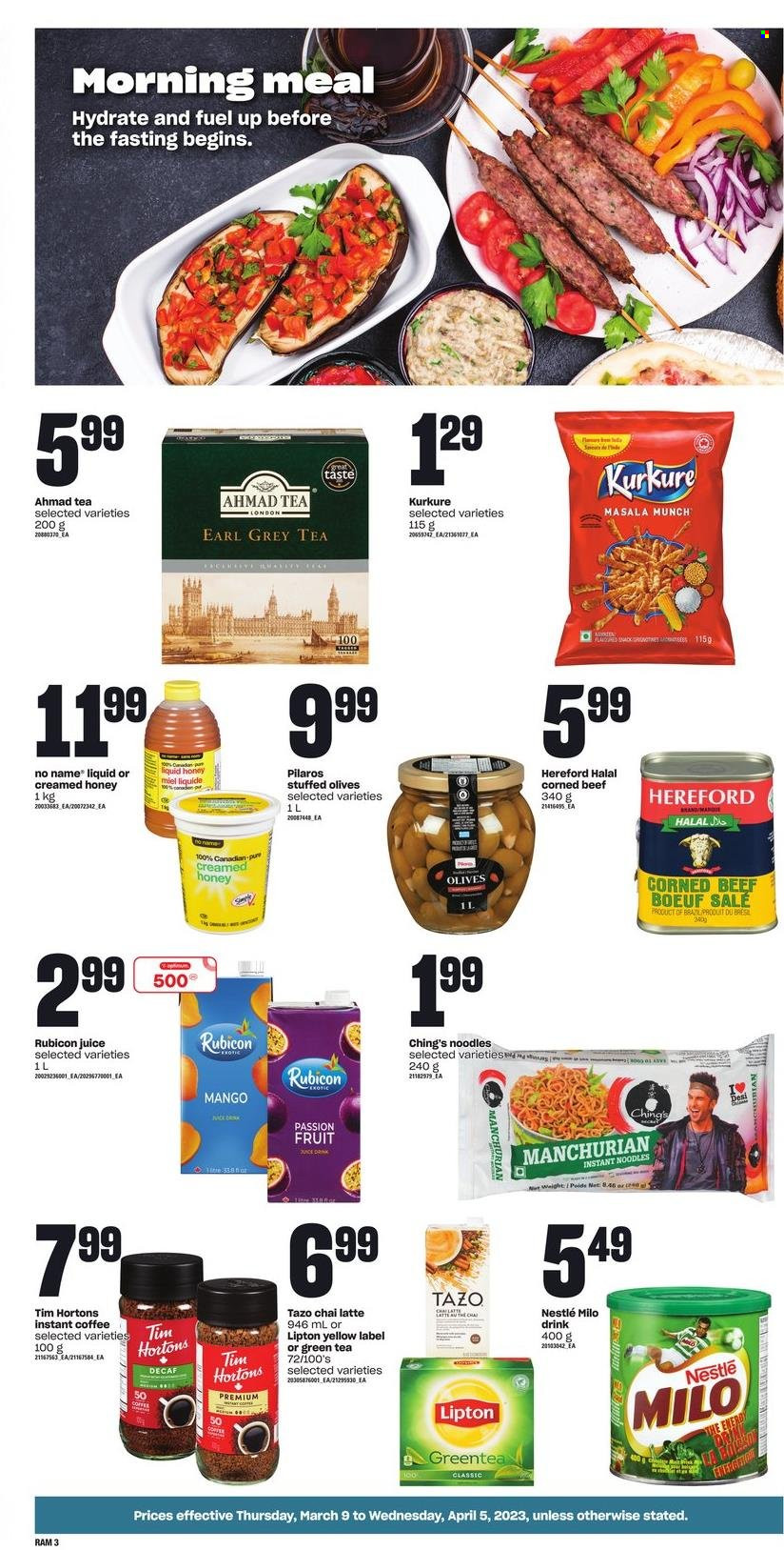 thumbnail - Zehrs Flyer - March 09, 2023 - April 05, 2023 - Sales products - No Name, instant noodles, noodles, corned beef, Milo, snack, honey, juice, green tea, coffee, instant coffee, beef meat, Nestlé, olives, Lipton. Page 3.