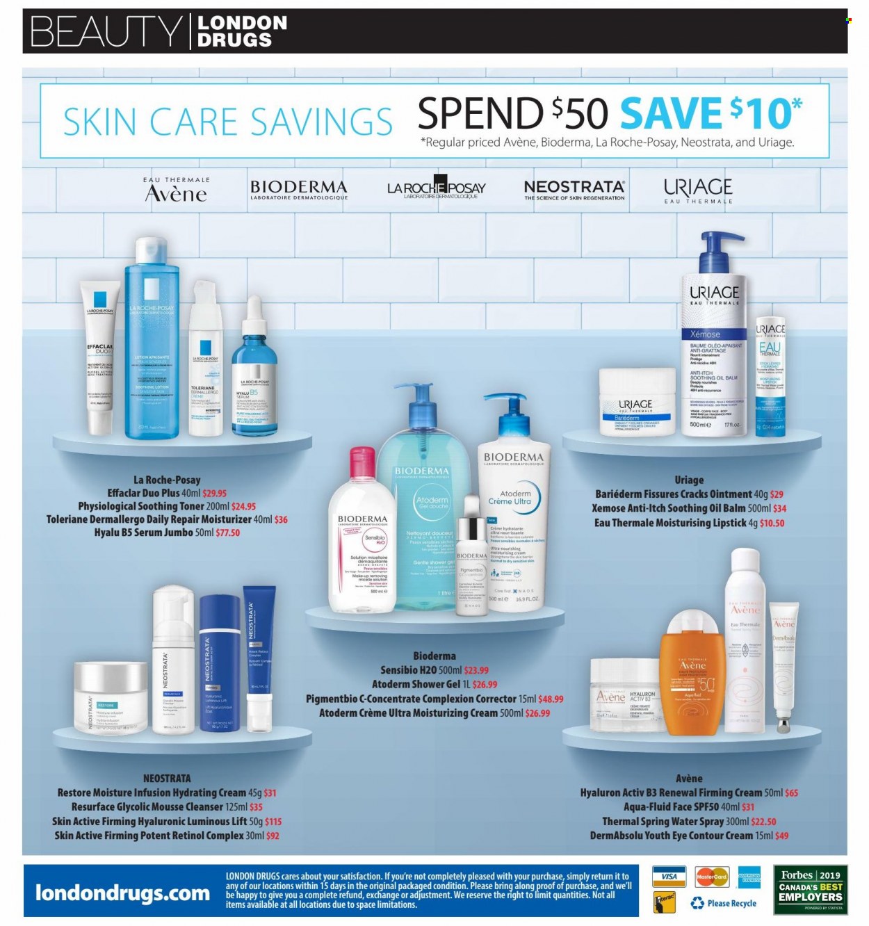 thumbnail - London Drugs Flyer - March 10, 2023 - March 22, 2023 - Sales products - oil, spring water, water, ointment, shower gel, cleanser, La Roche-Posay, moisturizer, serum, toner, body lotion, Sure, corrector, lipstick, makeup, contour. Page 8.