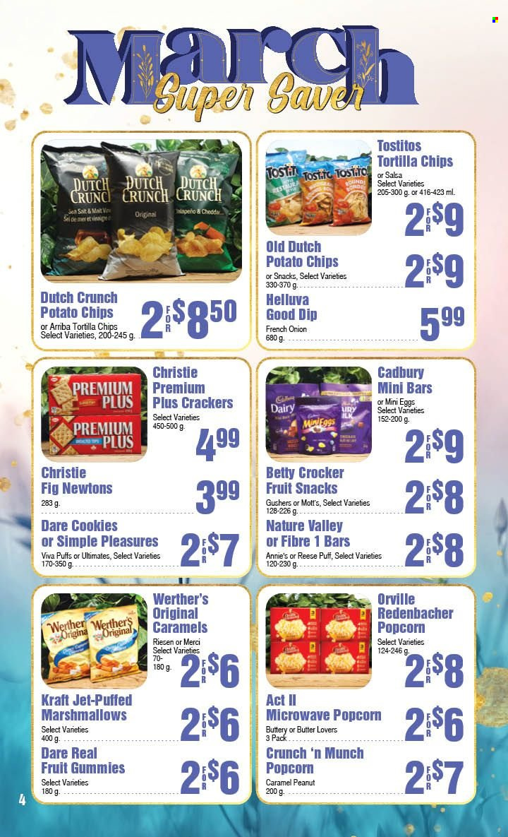 thumbnail - AG Foods Flyer - March 05, 2023 - April 01, 2023 - Sales products - puffs, onion, Mott's, Annie's, Kraft®, cheese, dip, cookies, marshmallows, crackers, Cadbury, Merci, fruit snack, tortilla chips, potato chips, chips, popcorn, Tostitos, Nature Valley, salsa, Jet. Page 4.