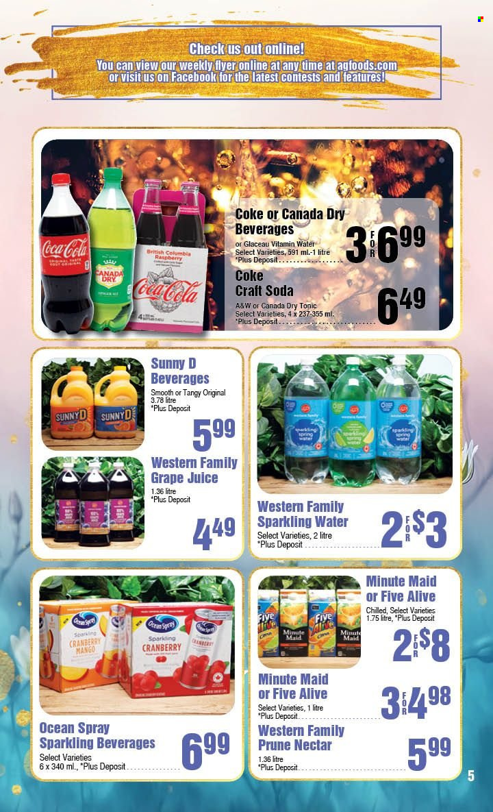 thumbnail - AG Foods Flyer - March 05, 2023 - April 01, 2023 - Sales products - mango, Canada Dry, Coca-Cola, juice, tonic, A&W, fruit punch, Coke, spring water, soda, sparkling water, vitamin water, water. Page 5.