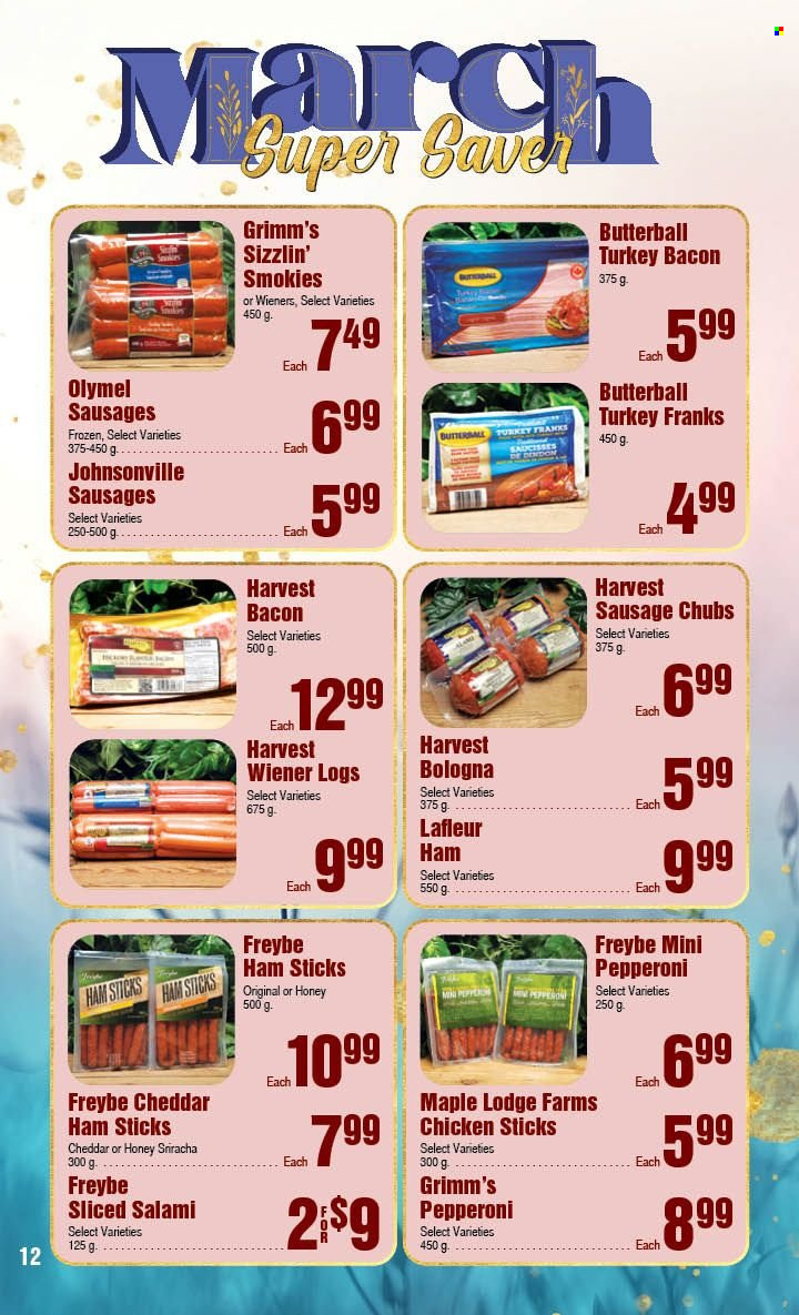 thumbnail - AG Foods Flyer - March 05, 2023 - April 01, 2023 - Sales products - bacon, Butterball, salami, turkey bacon, ham, bologna sausage, Johnsonville, sausage, pepperoni, cheddar, cheese. Page 12.