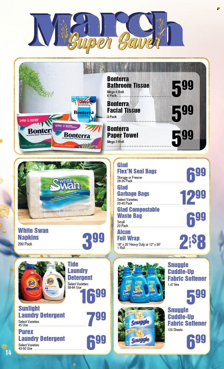 thumbnail - AG Foods Flyer - March 05, 2023 - April 01, 2023 - Sales products - napkins, bath tissue, paper towels, Snuggle, Tide, fabric softener, laundry detergent, Sunlight, Purex, bag, waste bag, detergent. Page 14.