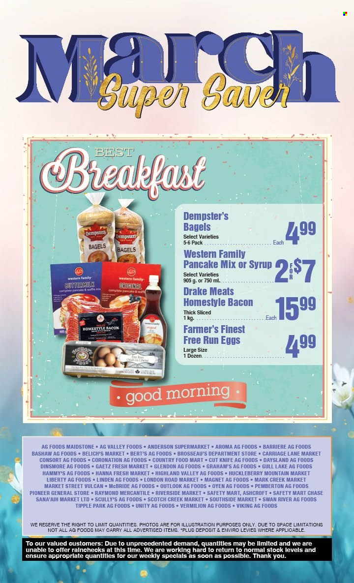 thumbnail - AG Foods Flyer - March 05, 2023 - April 01, 2023 - Sales products - bagels, pancakes, bacon, buttermilk, eggs. Page 16.