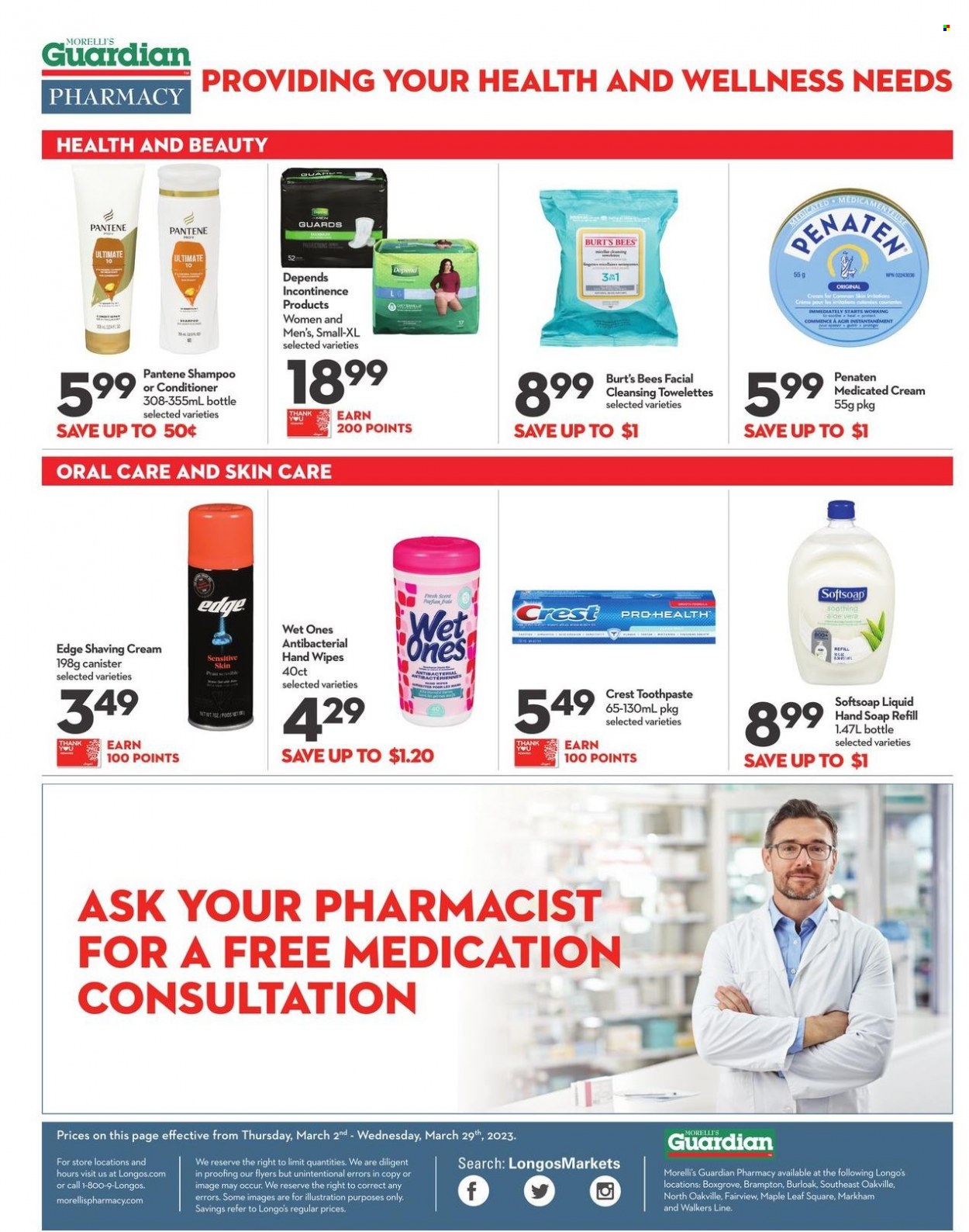 thumbnail - Longo's Flyer - March 02, 2023 - March 29, 2023 - Sales products - wipes, Softsoap, hand soap, soap, toothpaste, Crest, conditioner, Pantene, shampoo. Page 2.