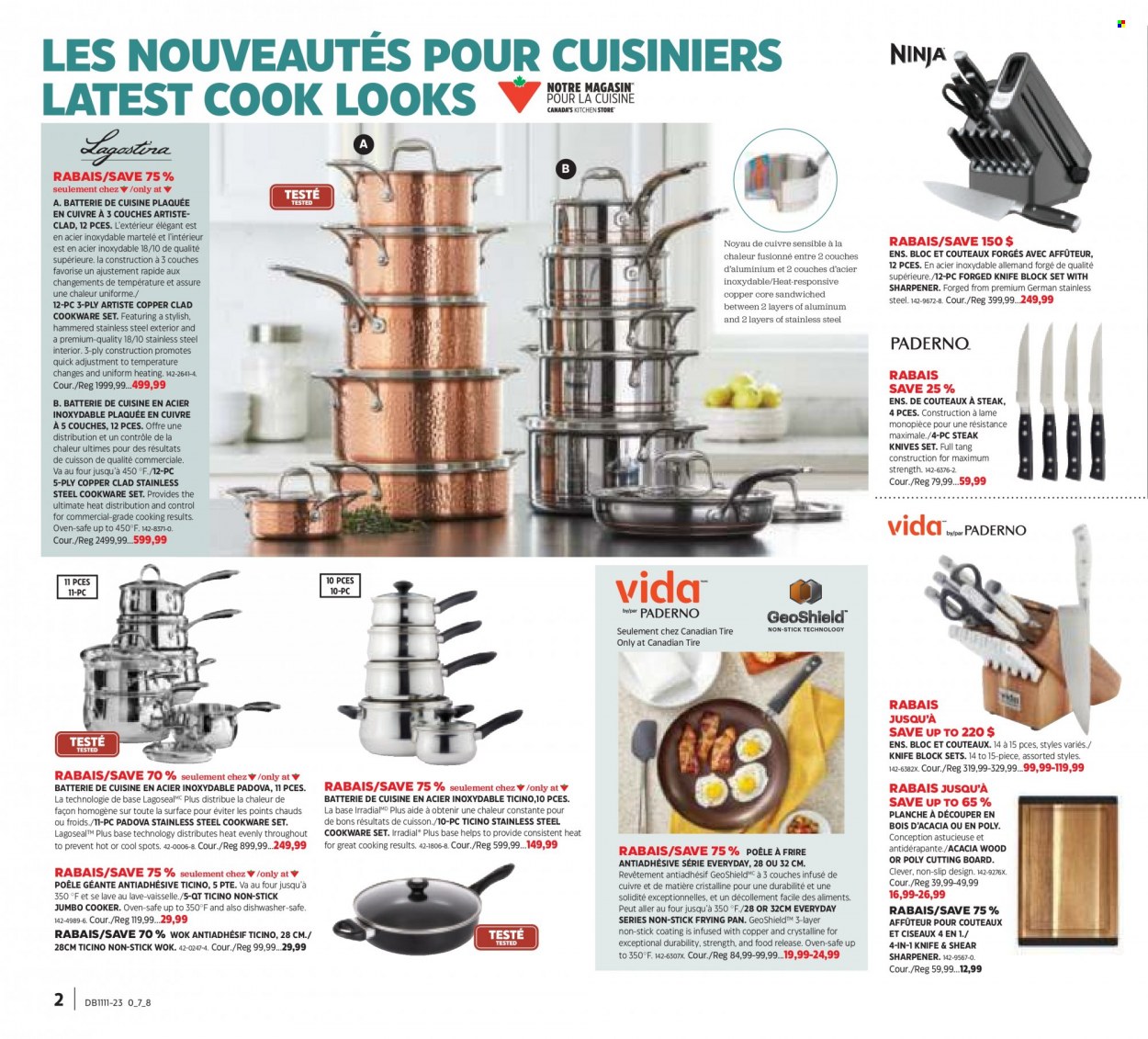 thumbnail - Canadian Tire Flyer - March 09, 2023 - March 29, 2023 - Sales products - knife, cookware set, cutting board, sharpener, pan, wok, knife block, steak knife, oven, dishwasher. Page 2.
