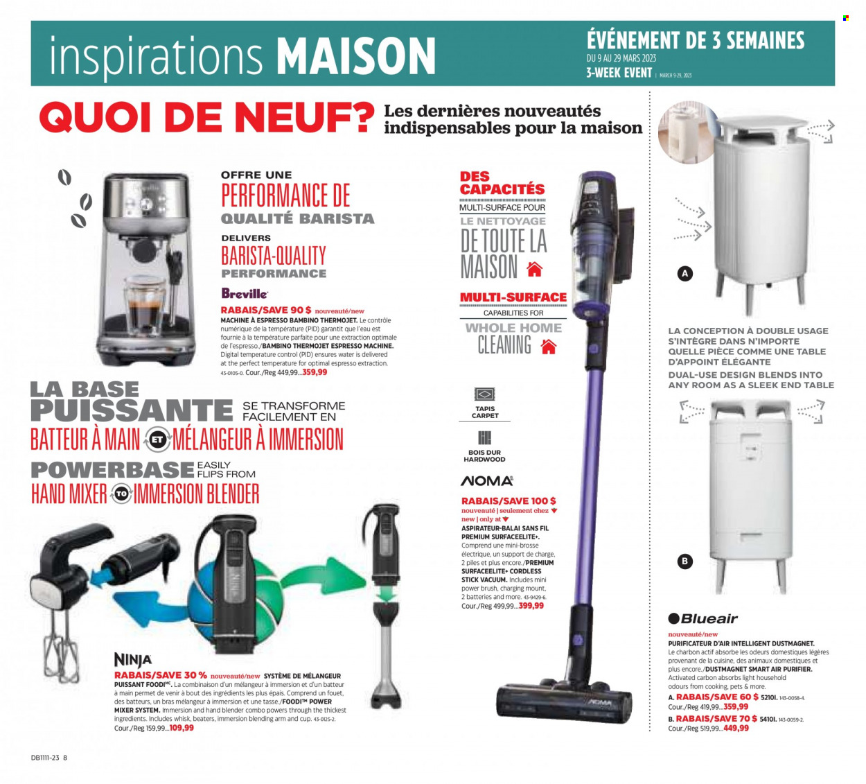 thumbnail - Canadian Tire Flyer - March 09, 2023 - March 29, 2023 - Sales products - cup, coffee machine, espresso maker, mixer, hand mixer, hand blender, air purifier, end table. Page 25.
