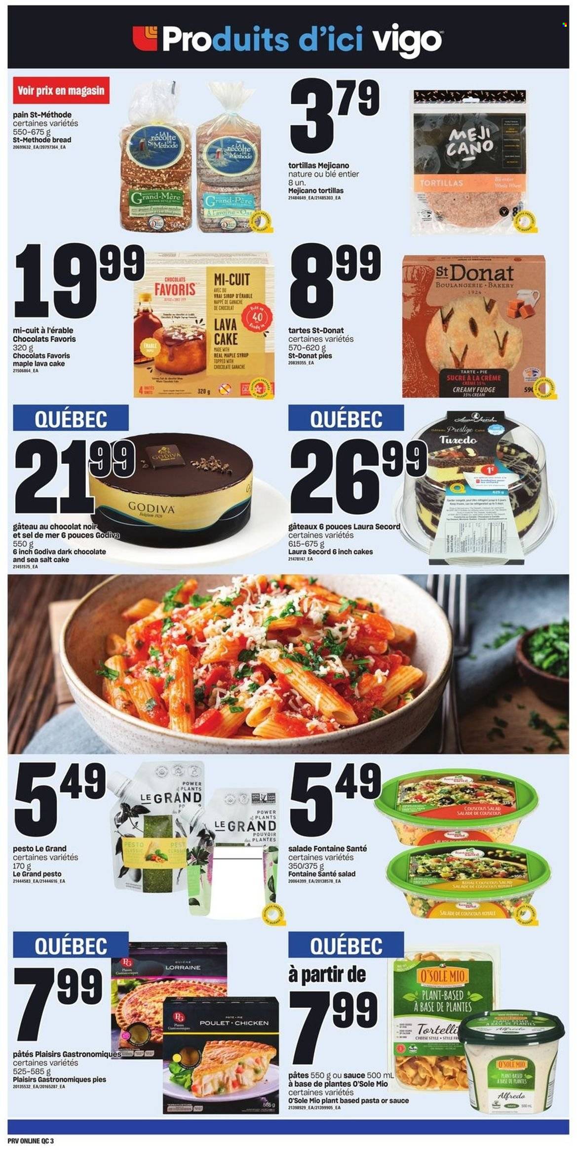 thumbnail - Provigo Flyer - March 16, 2023 - March 22, 2023 - Sales products - bread, tortillas, cake, pie, salad, cheese, fudge, Godiva, dark chocolate, oats, sea salt, maple syrup, syrup, couscous, pesto. Page 8.