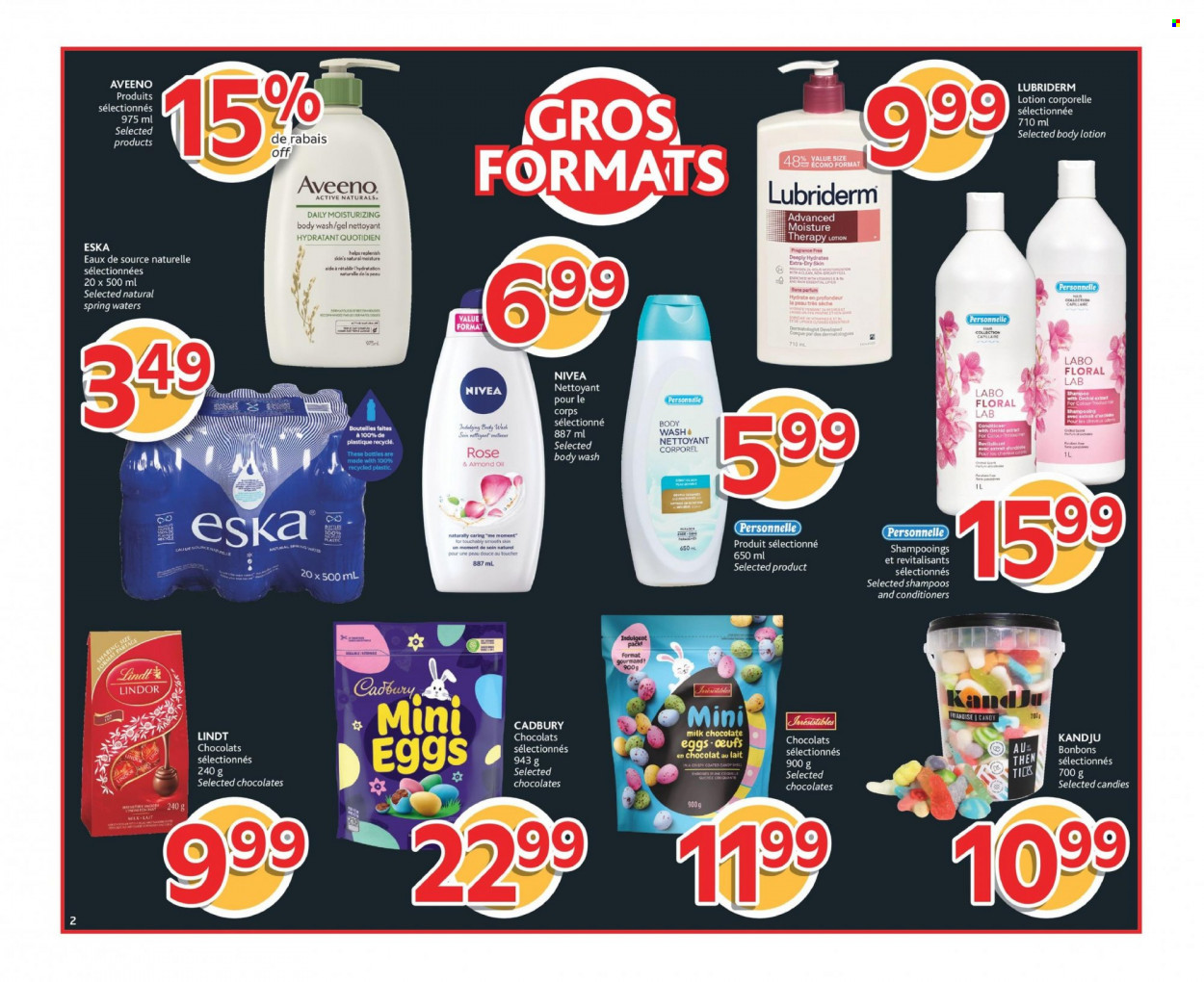 thumbnail - Brunet Flyer - March 16, 2023 - March 22, 2023 - Sales products - milk chocolate, chocolate, Cadbury, chocolate egg, spring water, water, Aveeno, Nivea, body wash, Moisture Therapy, conditioner, body lotion, Lubriderm, eau de parfum, shampoo, Lindt, Lindor. Page 3.