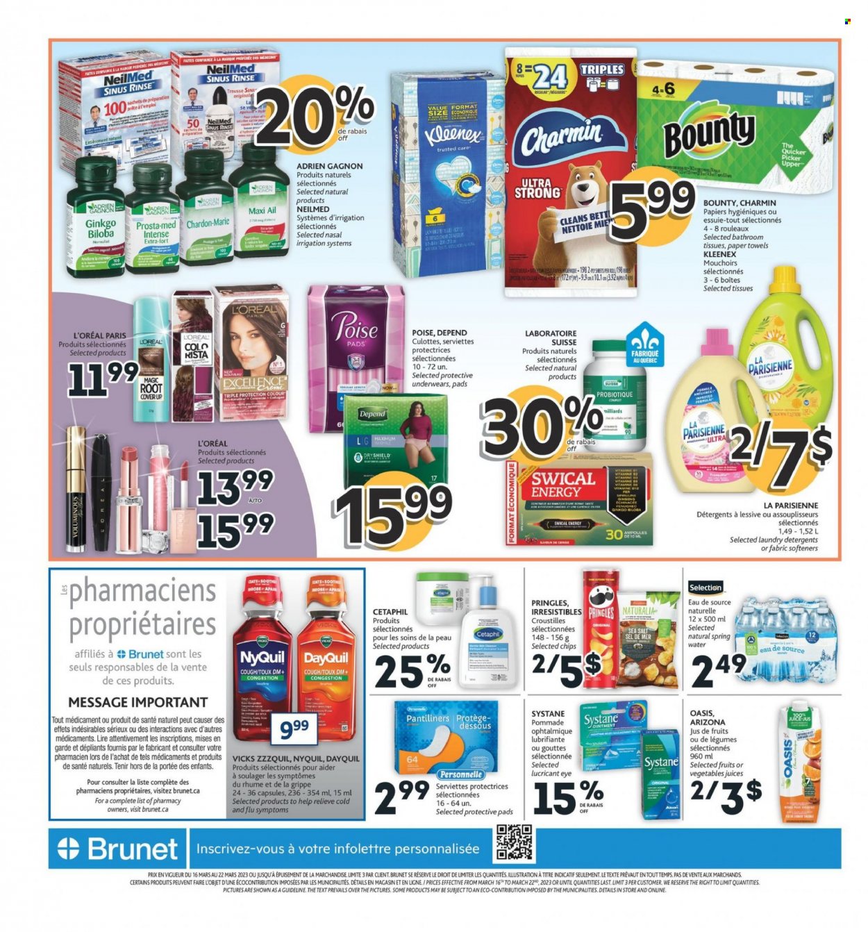 thumbnail - Brunet Flyer - March 16, 2023 - March 22, 2023 - Sales products - Bounty, Mars, Pringles, chips, juice, AriZona, spring water, water, Kleenex, toilet paper, tissues, kitchen towels, paper towels, Charmin, pantiliners, L’Oréal, Vicks, DayQuil, ZzzQuil, NyQuil, ginseng, Systane. Page 5.