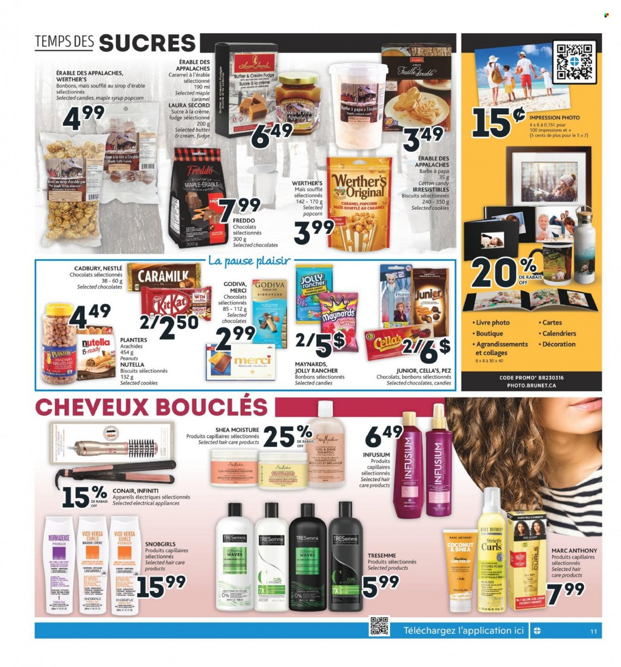 thumbnail - Brunet Flyer - March 16, 2023 - March 22, 2023 - Sales products - cookies, fudge, chocolate, Godiva, cotton candy, biscuit, Cadbury, Merci, popcorn, peanuts, Planters, TRESemmé, syrup, Nestlé, shampoo, Nutella. Page 14.