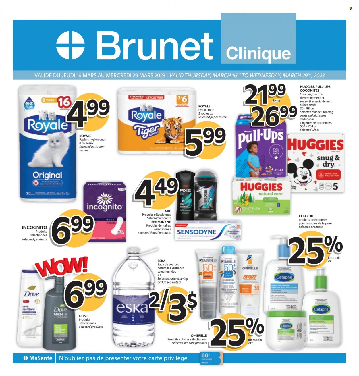 thumbnail - Brunet Clinique Flyer - March 16, 2023 - March 29, 2023 - Sales products - wipes, pants, nappies, baby pants, Dove, toilet paper, tissues, kitchen towels, paper towels, cleanser, Clinique, Axe, Huggies, Sensodyne. Page 1.