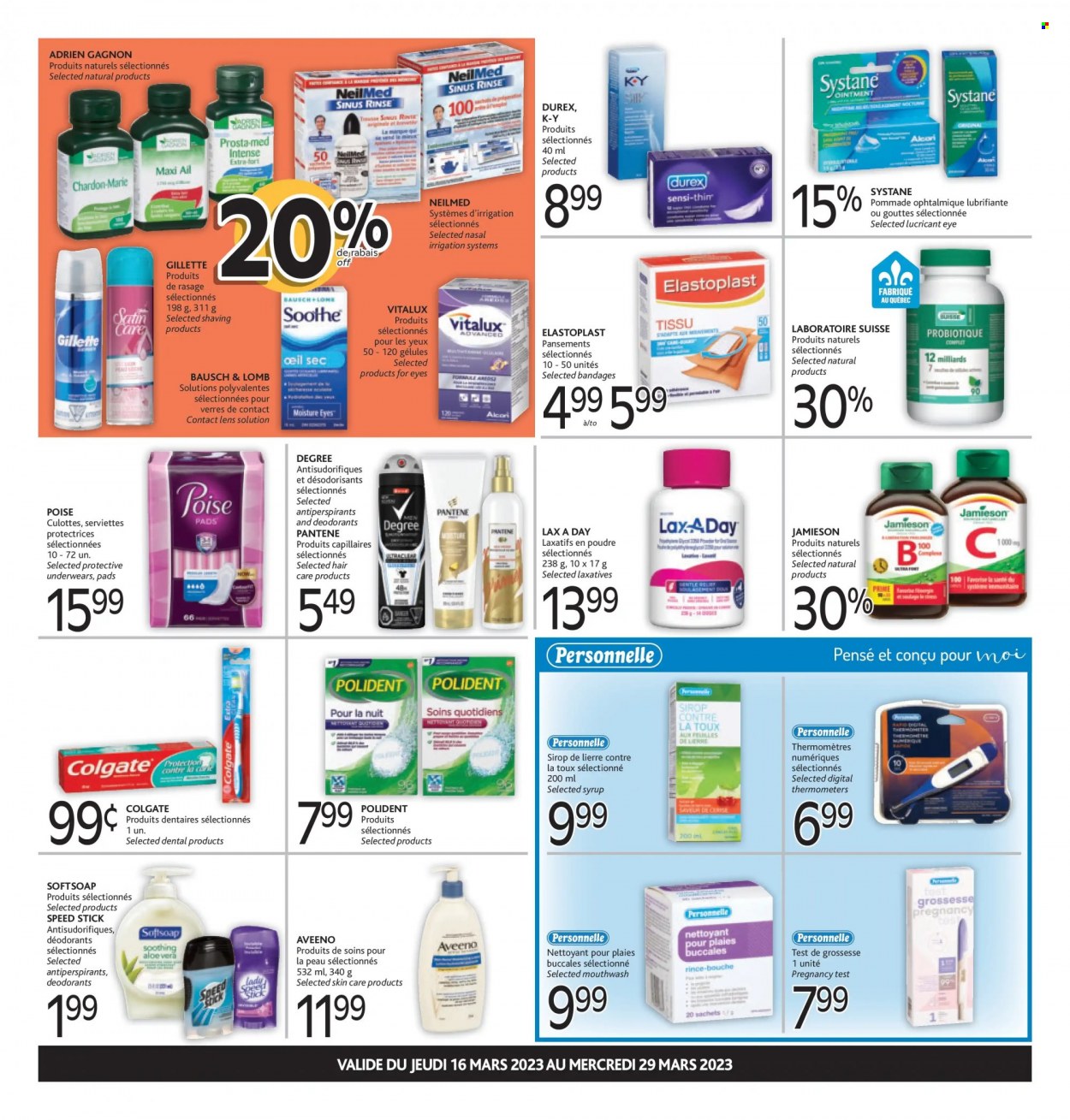 thumbnail - Brunet Clinique Flyer - March 16, 2023 - March 29, 2023 - Sales products - Aveeno, ointment, Softsoap, mouthwash, Polident, Gillette, Pantene, Speed Stick, contour, syrup, thermometer, pregnancy test, Colgate, Systane, deodorant. Page 2.
