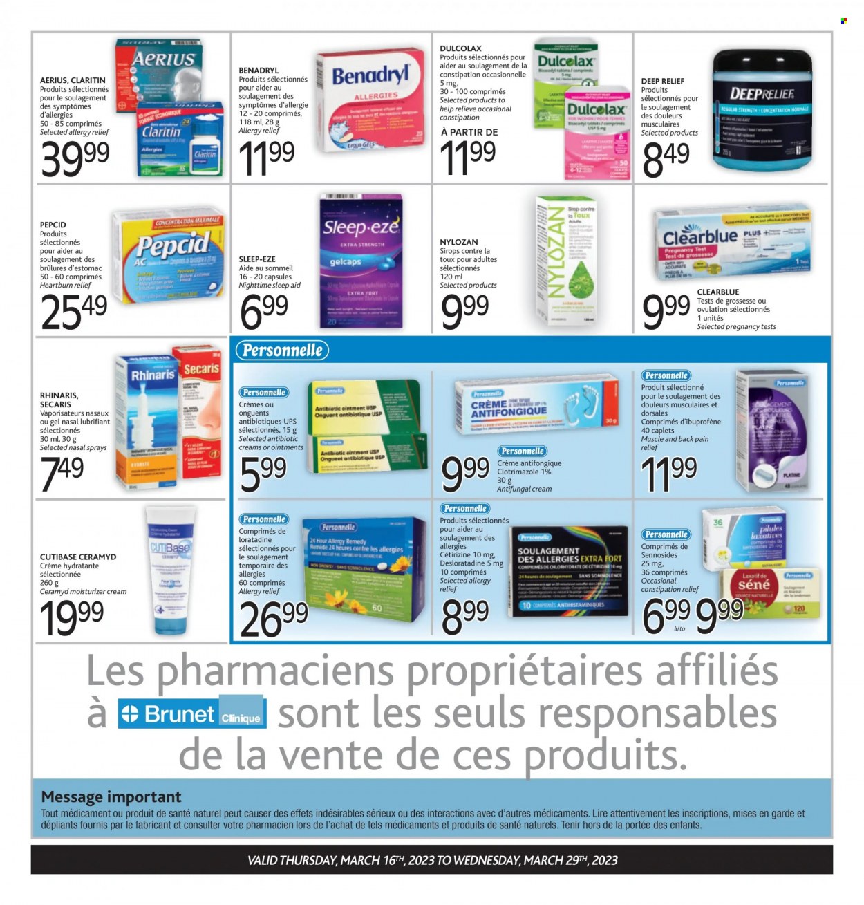 thumbnail - Brunet Clinique Flyer - March 16, 2023 - March 29, 2023 - Sales products - ointment, Clinique, moisturizer, pain relief, Dulcolax, Pepcid, allergy relief, pregnancy test. Page 3.