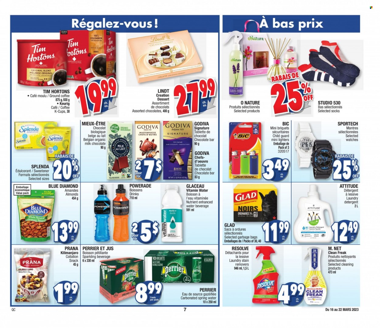 thumbnail - Jean Coutu Flyer - March 16, 2023 - March 22, 2023 - Sales products - milk chocolate, Mars, Godiva, dark chocolate, chocolate bar, sweetener, almonds, Blue Diamond, Powerade, Perrier, spring water, vitamin water, water, coffee, ground coffee, coffee capsules, K-Cups, Keurig, laundry detergent, BIC, bag, socks, watch, detergent, Lindt. Page 7.
