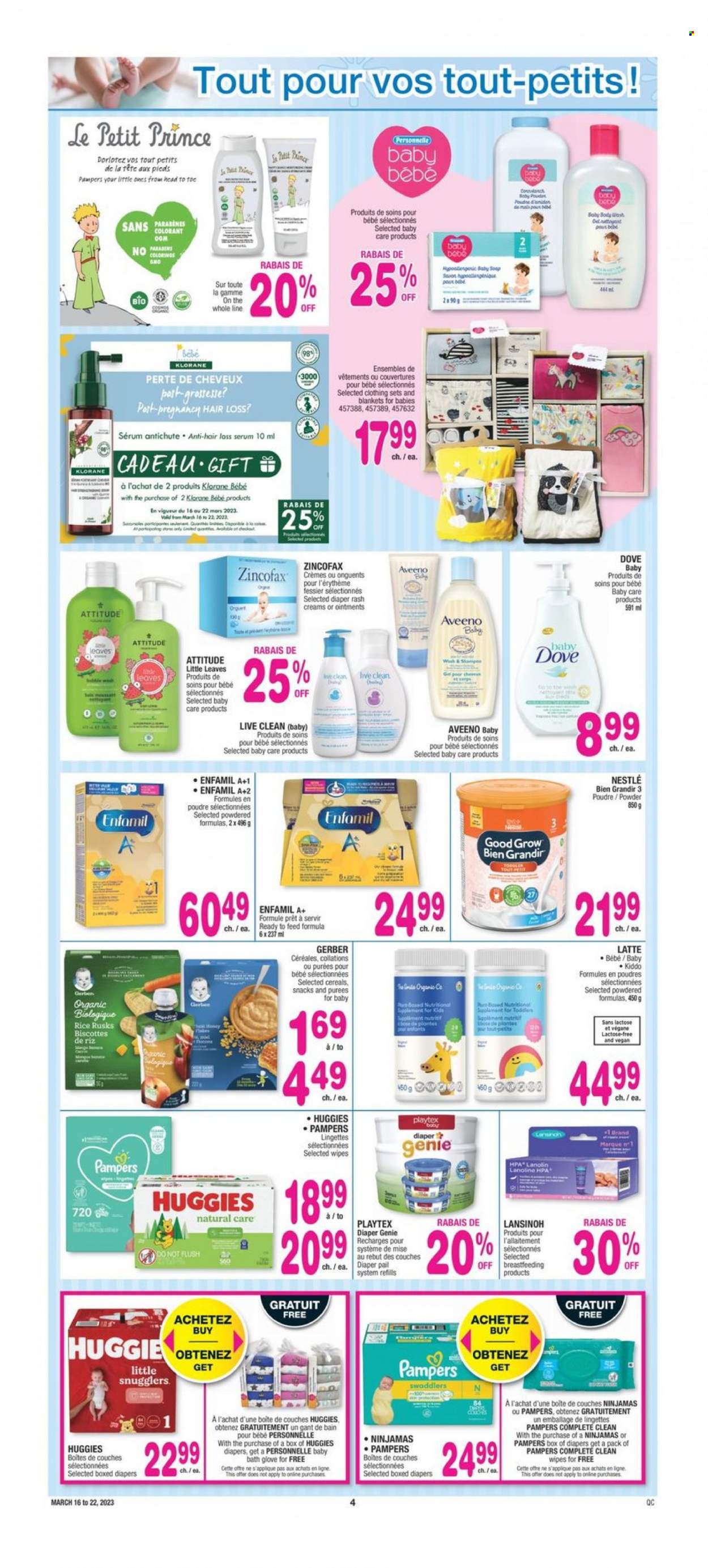 thumbnail - Jean Coutu Flyer - March 16, 2023 - March 22, 2023 - Sales products - Dove, Mars, Gerber, cereals, honey, wipes, Pampers, nappies, Aveeno, baby bath, body wash, soap, Playtex, serum, Klorane, gloves, blanket, nutritional supplement, Nestlé, Huggies. Page 5.