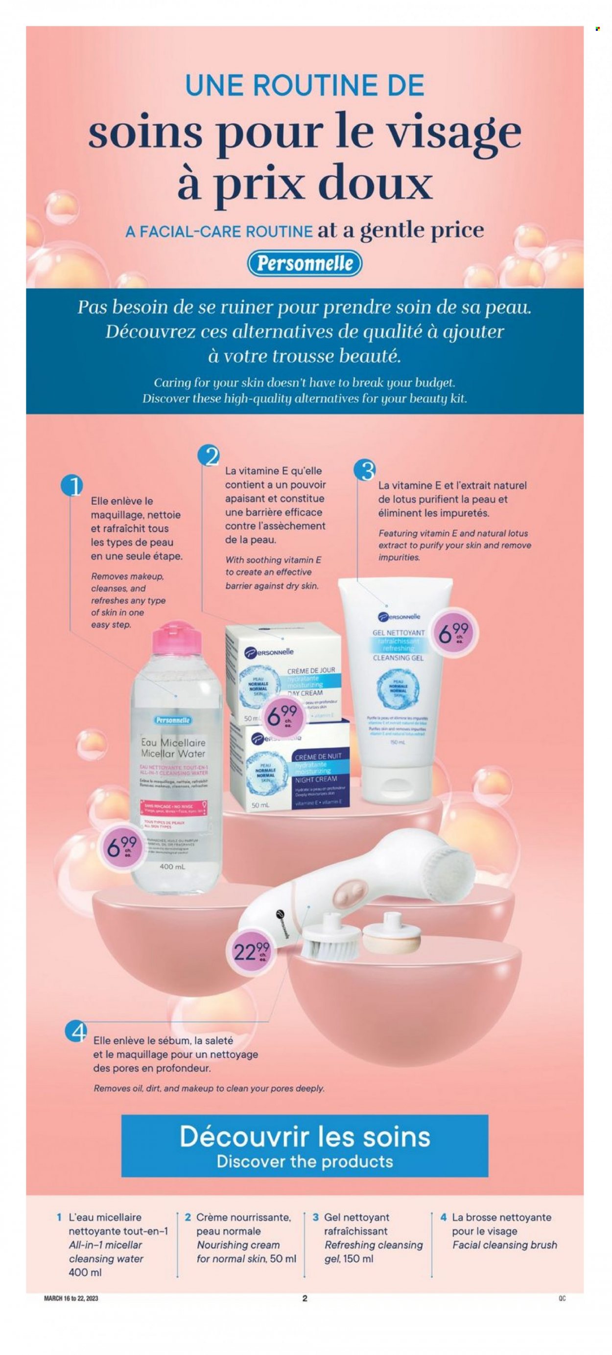 thumbnail - Jean Coutu Flyer - March 16, 2023 - March 22, 2023 - Sales products - oil, water, day cream, micellar water, night cream, Lotus, brush. Page 8.