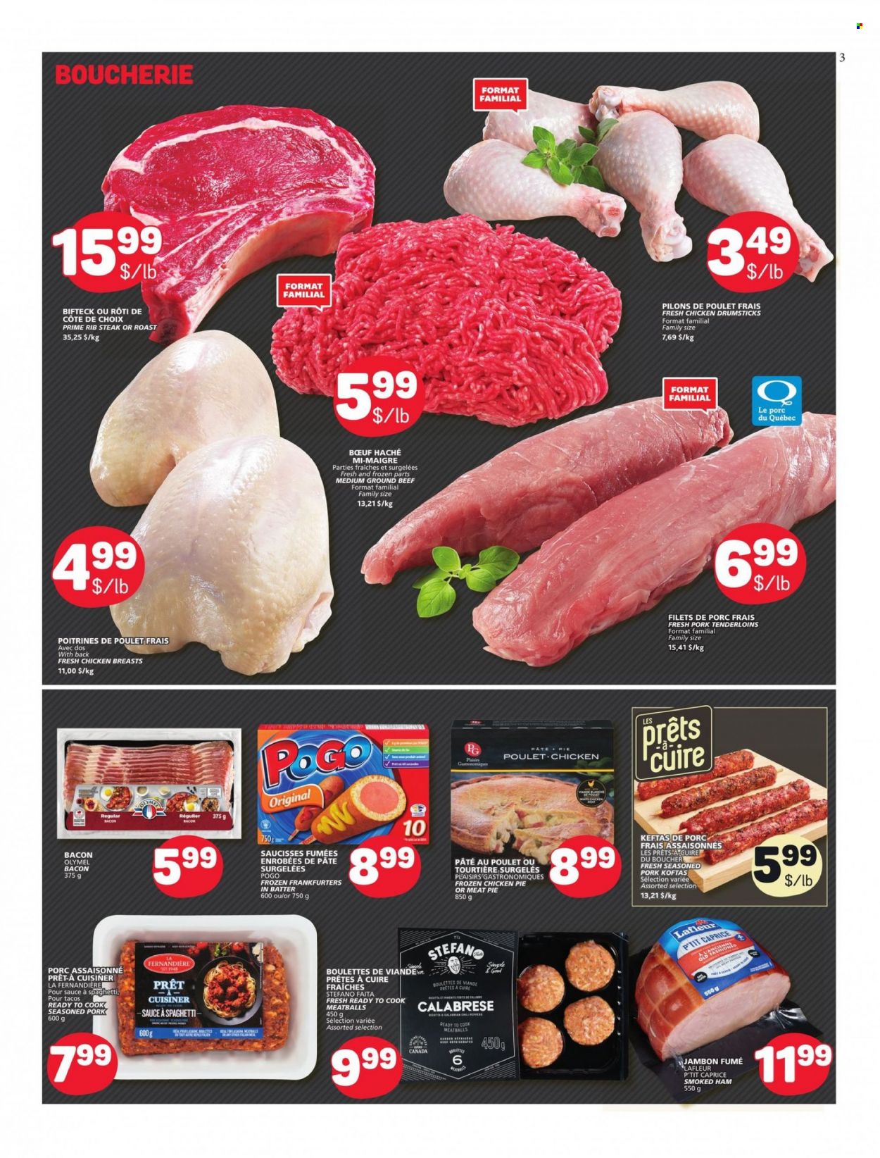 thumbnail - Marché Bonichoix Flyer - March 16, 2023 - March 22, 2023 - Sales products - pie, tacos, chili peppers, spaghetti, meatballs, sauce, lasagna meal, roast, bacon, ham, smoked ham, frankfurters, chicken breasts, chicken drumsticks, chicken, beef meat, ground beef, steak, pork tenderloin. Page 3.