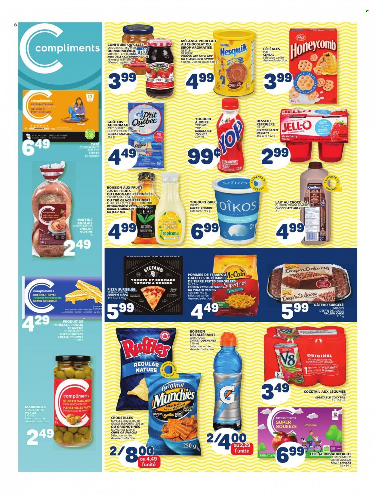 thumbnail - Marché Bonichoix Flyer - March 16, 2023 - March 22, 2023 - Sales products - english muffins, cake, pizza, greek yoghurt, yoghurt, Oikos, Yoplait, milk, McCain, frozen cakes, milk chocolate, jelly, crackers, fruit snack, Doritos, Cheetos, Ruffles, Jell-O, strawberry jam, pickles, cereals, fruit jam, syrup, lemonade, ice tea, Gatorade, Pure Leaf, coffee, breakfast blend, Nestlé, olives, Nesquik. Page 6.