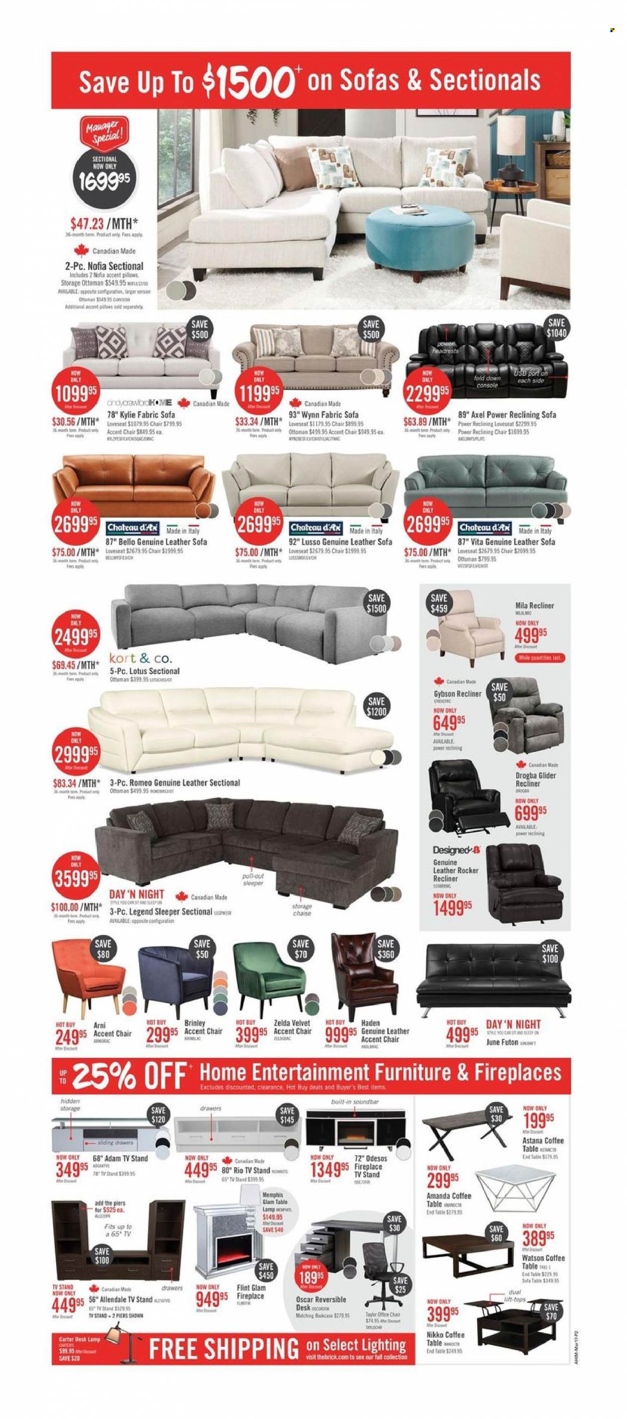 thumbnail - The Brick Flyer - March 14, 2023 - March 29, 2023 - Sales products - pillow, sound bar, chair, accent chair, leather sofa, loveseat, sofa, recliner chair, coffee table, end table, TV stand, ottoman, desk, office chair, Lotus, lamp, lighting. Page 2.