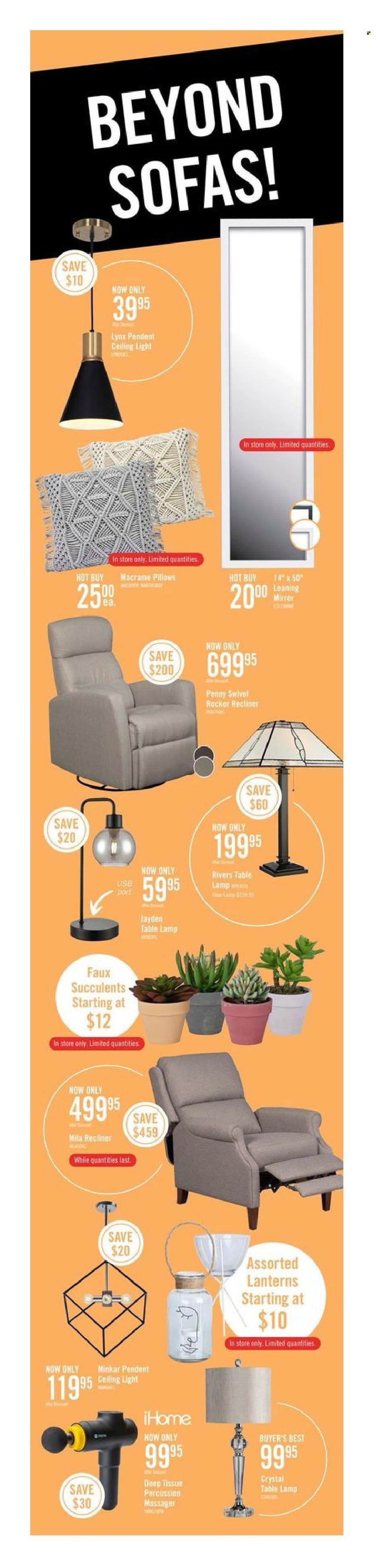 thumbnail - The Brick Flyer - March 14, 2023 - March 29, 2023 - Sales products - pillow, massager, percussion instrument, sofa, recliner chair, mirror, lamp, table lamp, ceiling lamp, succulent. Page 3.