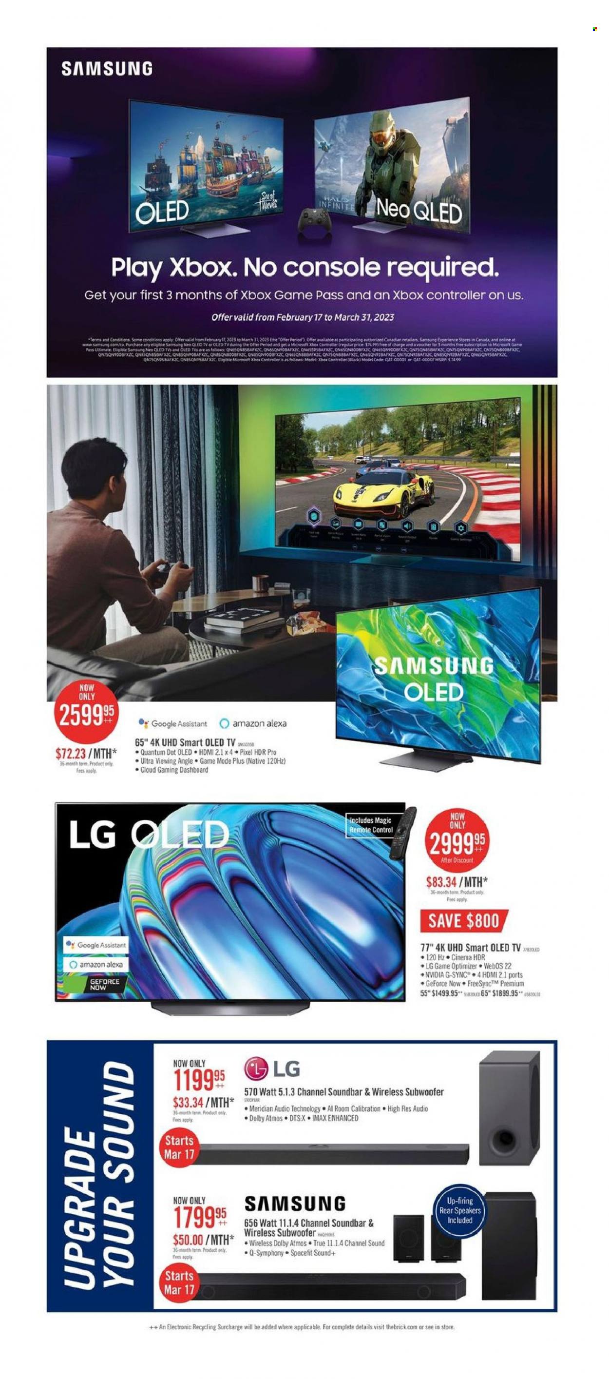 thumbnail - The Brick Flyer - March 14, 2023 - March 29, 2023 - Sales products - Samsung, UHD TV, qled tv, TV, speaker, subwoofer, wireless subwoofer, sound bar, LG. Page 10.
