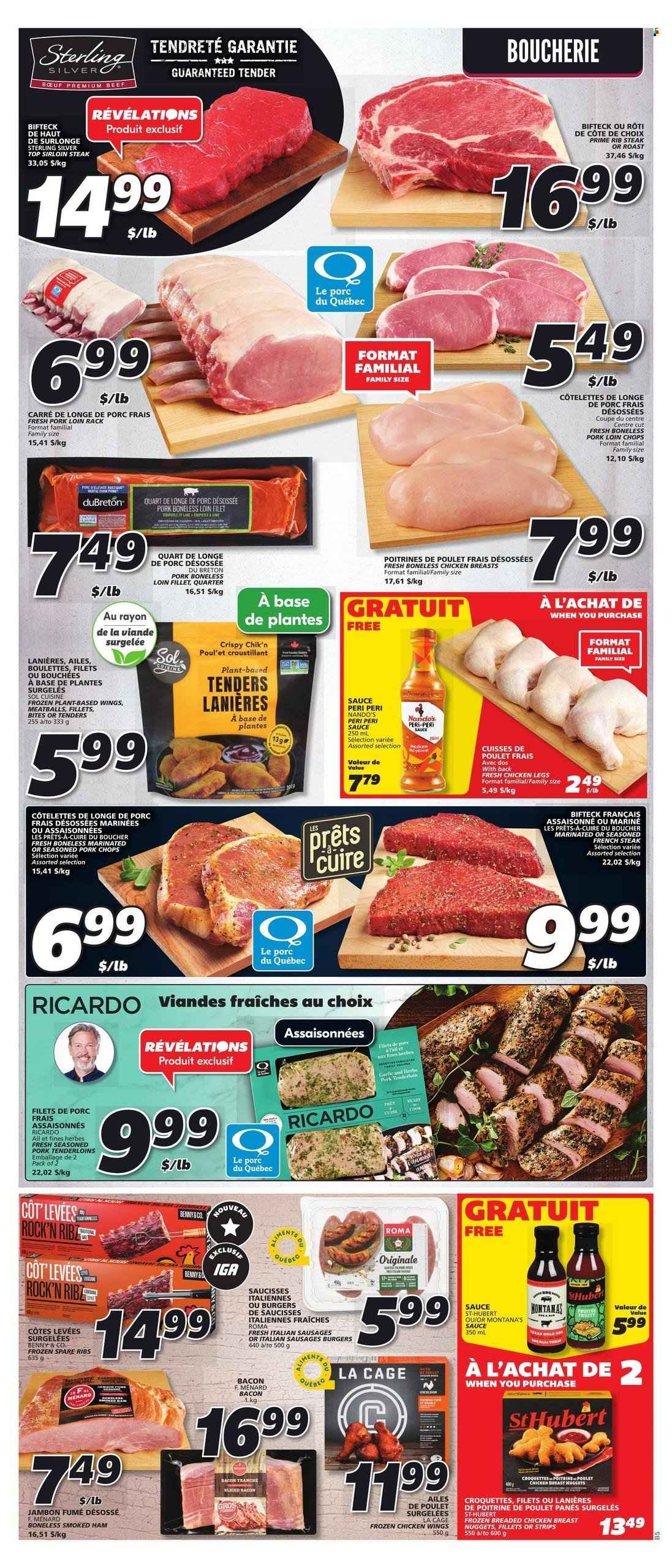 thumbnail - IGA Flyer - March 16, 2023 - March 22, 2023 - Sales products - garlic, meatballs, nuggets, hamburger, sauce, fried chicken, chicken nuggets, roast, bacon, ham, smoked ham, sausage, chicken wings, strips, potato croquettes, peri peri sauce, Sol, chicken breasts, chicken legs, chicken, beef sirloin, steak, sirloin steak, ribs, pork chops, pork loin, pork meat, pork tenderloin, pork spare ribs, marinated pork. Page 8.