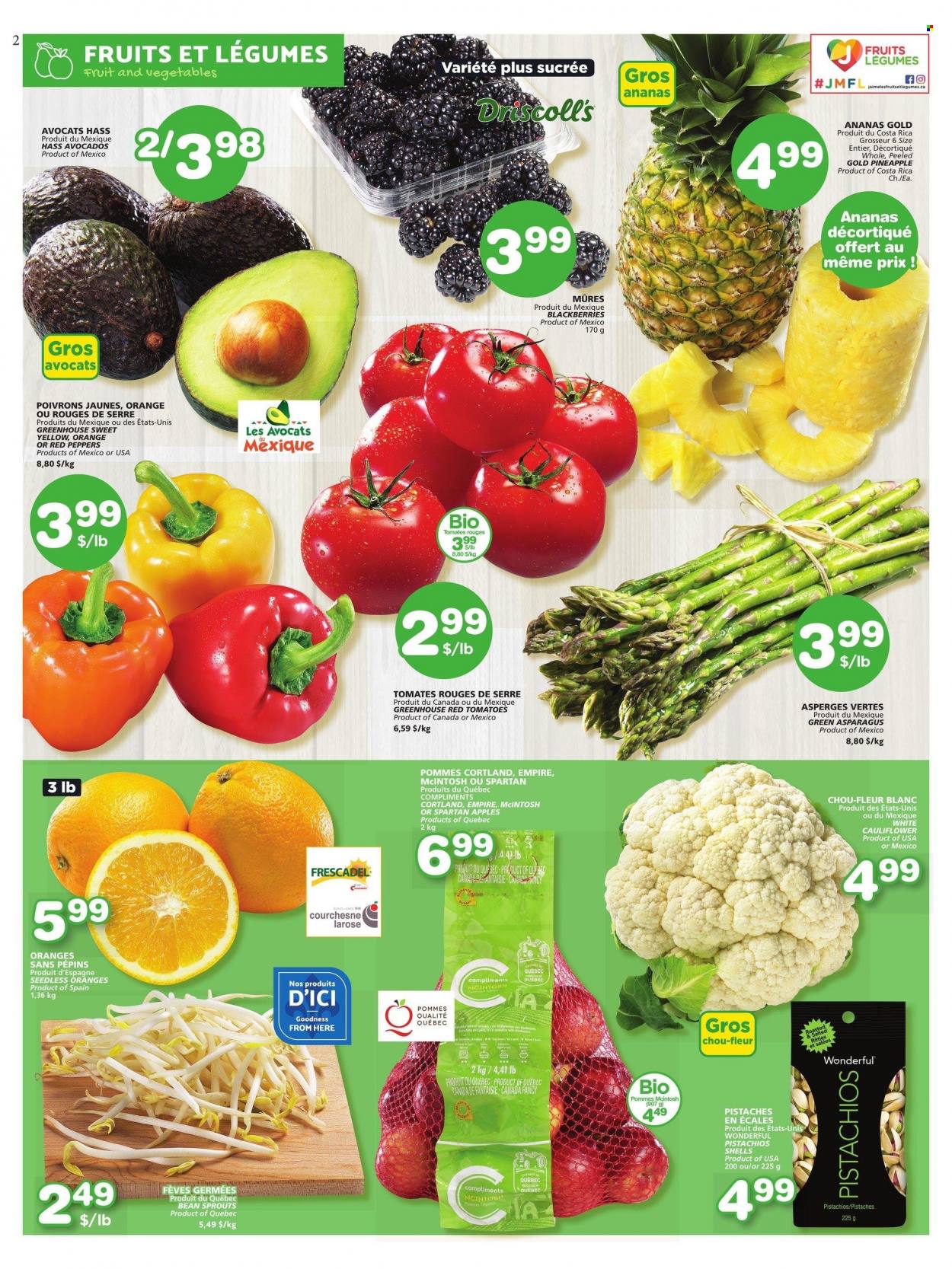 thumbnail - IGA Flyer - March 16, 2023 - March 22, 2023 - Sales products - cauliflower, tomatoes, peppers, red peppers, apples, avocado, blackberries, pineapple, oranges, pistachios, bean sprouts. Page 2.