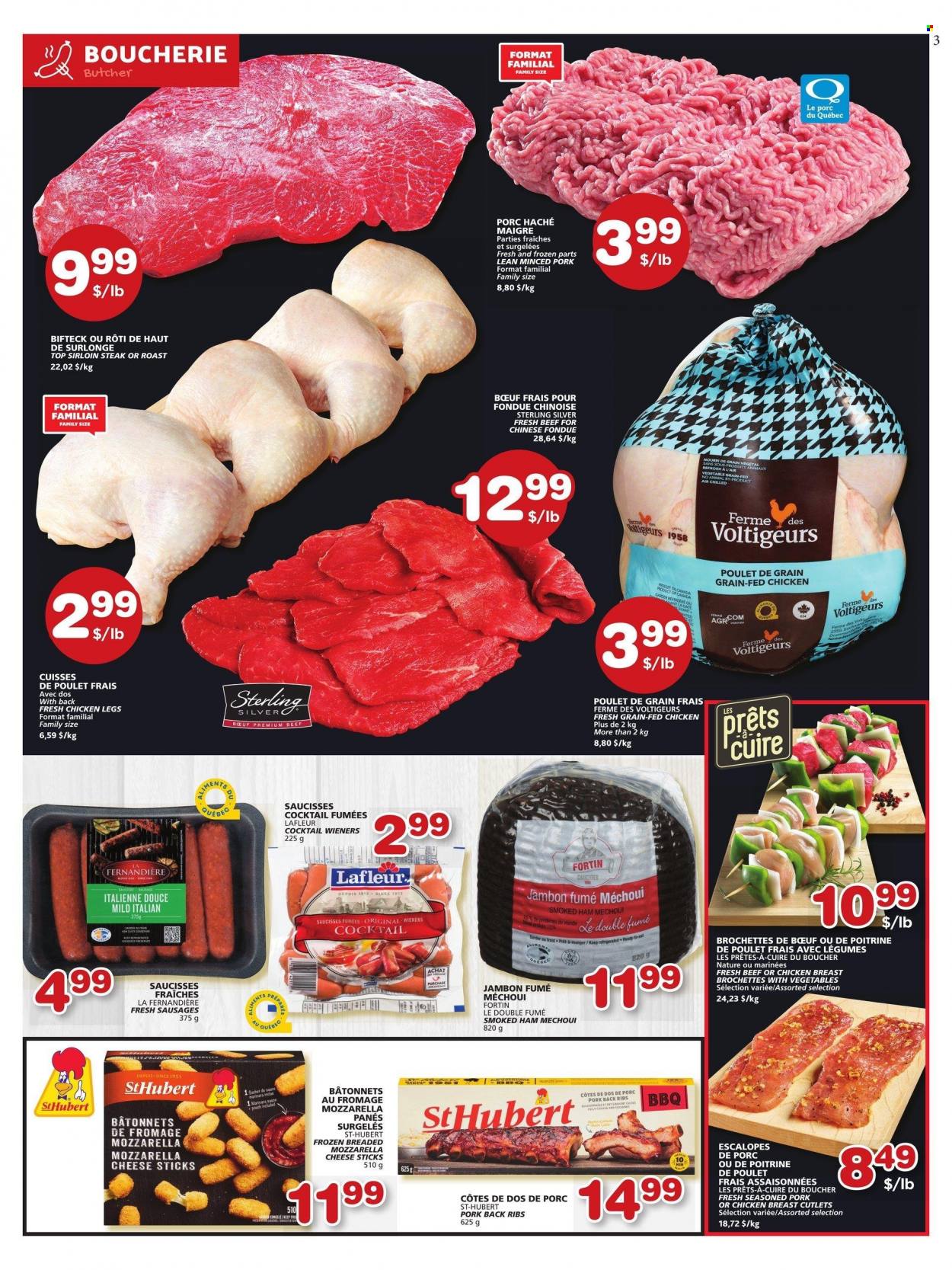 thumbnail - IGA Flyer - March 16, 2023 - March 22, 2023 - Sales products - roast, ham, smoked ham, sausage, cheese, cheese sticks, chicken breasts, chicken legs, chicken, beef sirloin, steak, sirloin steak, ribs, pork meat, pork ribs, pork back ribs, mozzarella. Page 3.