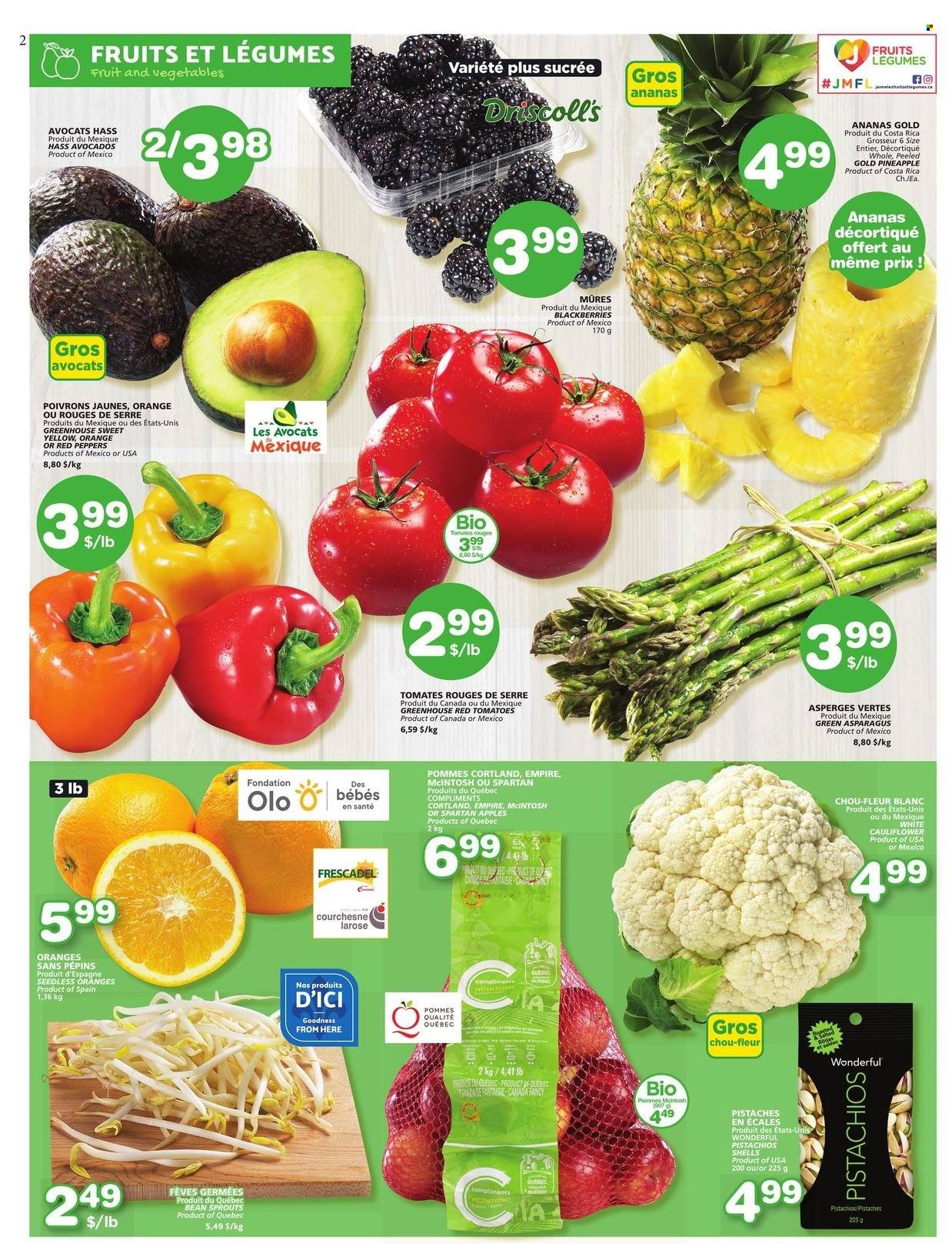 thumbnail - Les Marchés Tradition Flyer - March 16, 2023 - March 22, 2023 - Sales products - cauliflower, tomatoes, peppers, red peppers, apples, avocado, blackberries, pineapple, oranges, pistachios, bean sprouts. Page 2.