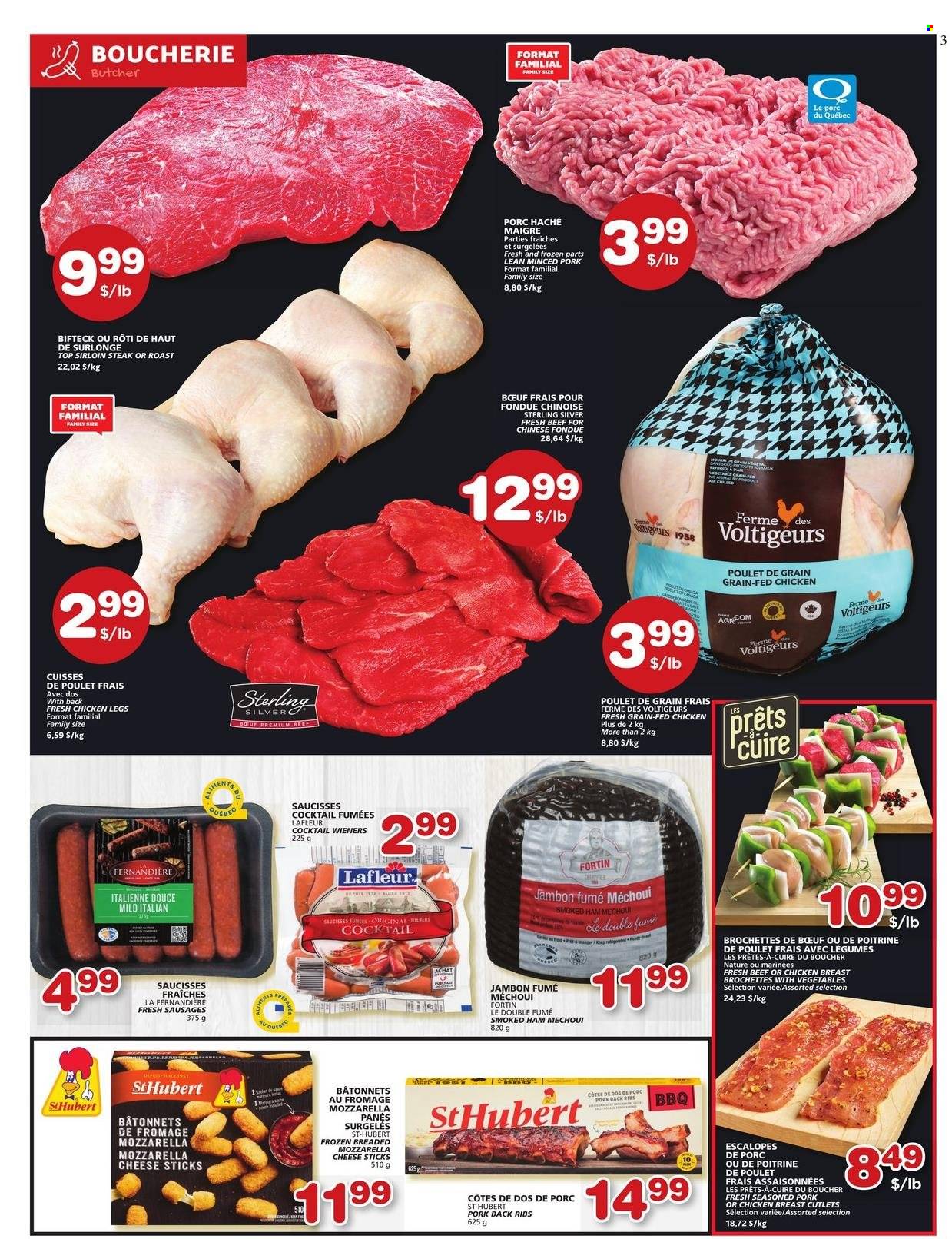 thumbnail - Les Marchés Tradition Flyer - March 16, 2023 - March 22, 2023 - Sales products - roast, ham, smoked ham, sausage, cheese, cheese sticks, chicken breasts, chicken legs, chicken, steak, ribs, pork meat, pork ribs, pork back ribs, mozzarella. Page 3.