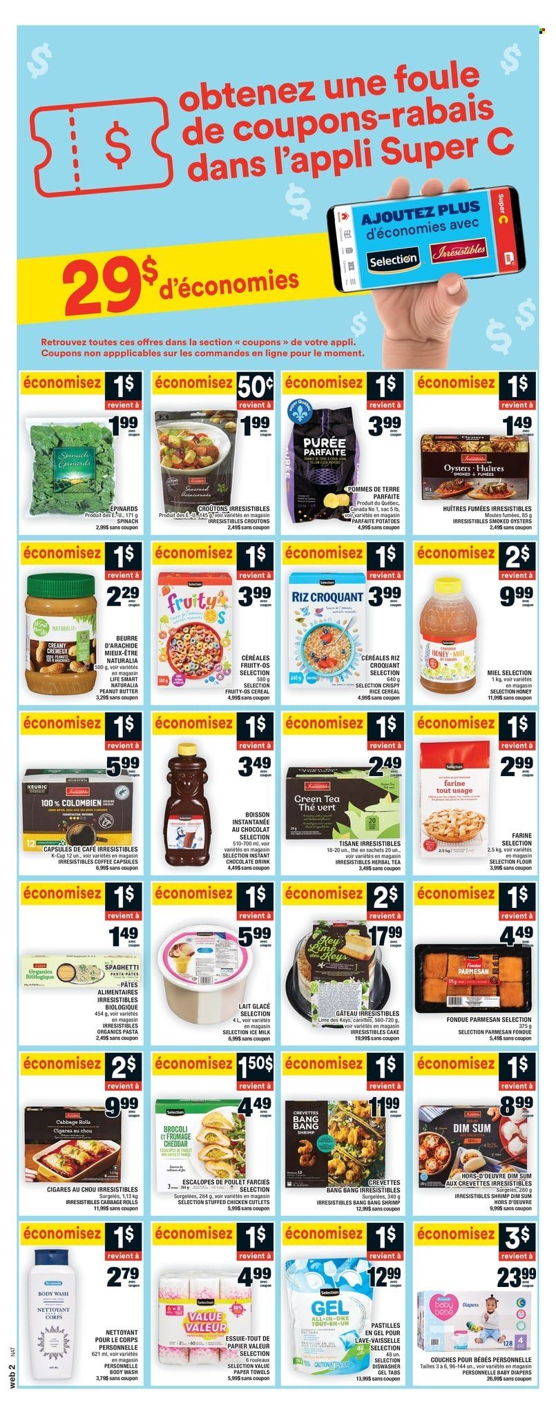 thumbnail - Super C Flyer - March 16, 2023 - March 22, 2023 - Sales products - cake, cabbage, potatoes, smoked oysters, oysters, shrimps, spaghetti, pasta, stuffed chicken, cheddar, parmesan, cheese, milk, pastilles, croutons, flour, cereals, honey, peanut butter, chocolate drink, green tea, tea, herbal tea, coffee, coffee capsules, K-Cups, Keurig, chicken breasts, chicken cutlets, chicken, nappies, kitchen towels, paper towels, body wash. Page 12.