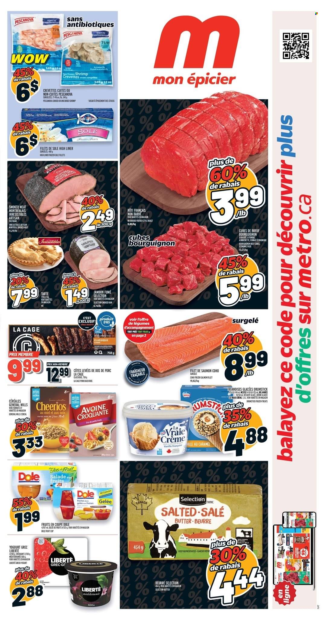 thumbnail - Metro Flyer - March 16, 2023 - March 22, 2023 - Sales products - pie, Dole, salmon, salmon fillet, shrimps, roast, ham, pastrami, smoked ham, greek yoghurt, yoghurt, butter, Del Monte, cereals, Cheerios, caramel, beef meat, ribs, pork meat, pork ribs, pork back ribs, cage, Nestlé. Page 1.