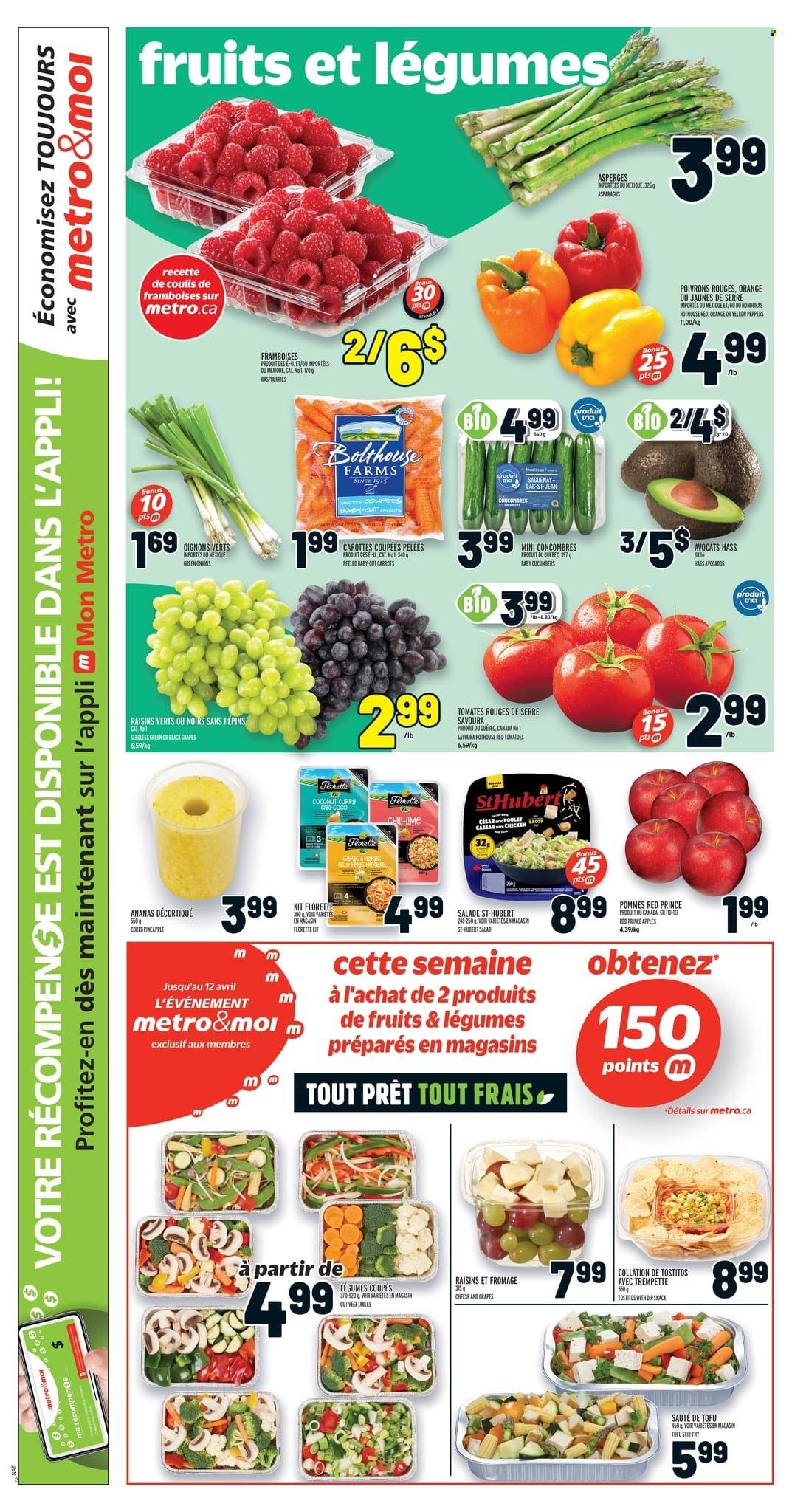 thumbnail - Metro Flyer - March 16, 2023 - March 22, 2023 - Sales products - asparagus, carrots, cucumber, tomatoes, salad, peppers, green onion, apples, avocado, grapes, pineapple, oranges, cheese, tofu, dip, snack, Tostitos, dried fruit, raisins. Page 3.