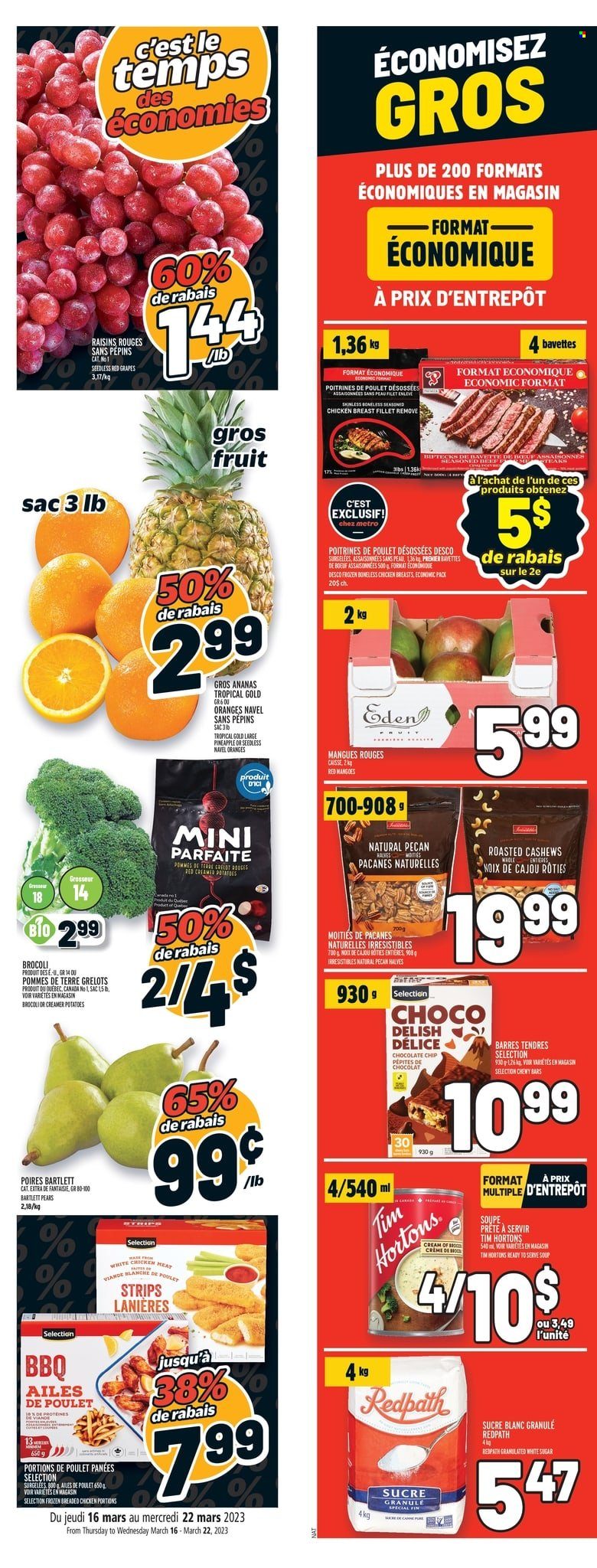 thumbnail - Metro Flyer - March 16, 2023 - March 22, 2023 - Sales products - potatoes, Bartlett pears, grapes, mango, pears, oranges, navel oranges, soup, fried chicken, strips, chocolate chips, Mars, sugar, cashews, dried fruit, chicken breasts, chicken, raisins. Page 19.