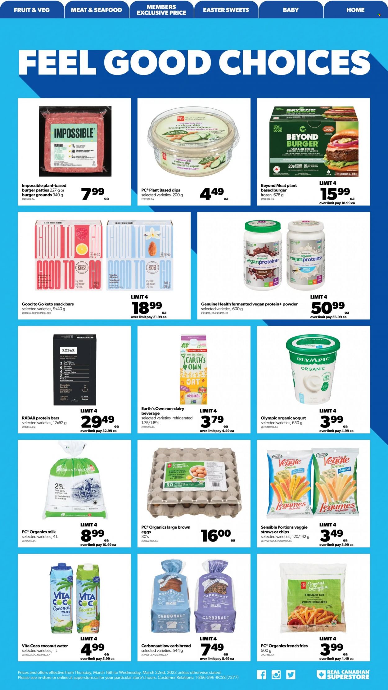 thumbnail - Real Canadian Superstore Flyer - March 16, 2023 - March 22, 2023 - Sales products - potatoes, seafood, hamburger, beef burger, yoghurt, organic yoghurt, organic milk, potato fries, french fries, snack, snack bar, veggie straws, oats, protein bar, dill, cashews, coconut water, water, burger patties. Page 13.