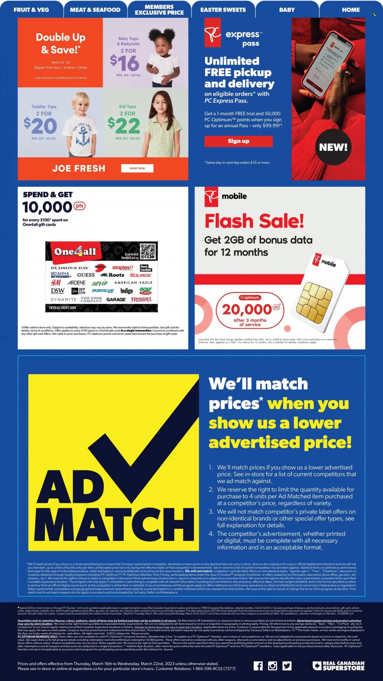 thumbnail - Real Canadian Superstore Flyer - March 16, 2023 - March 22, 2023 - Sales products - seafood, alcohol, Guess, battery, Optimum, SIM card, Energizer. Page 20.
