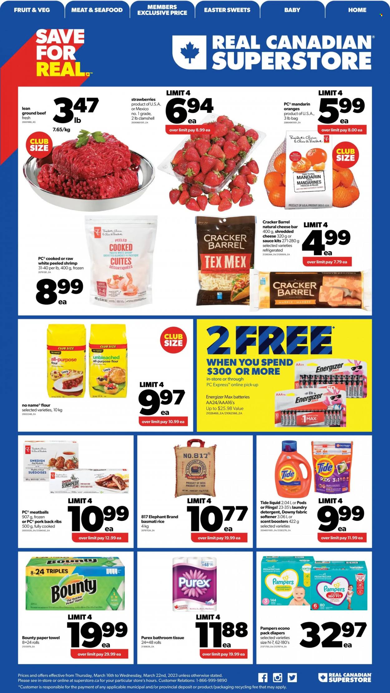thumbnail - Real Canadian Superstore Flyer - March 16, 2023 - March 22, 2023 - Sales products - mandarines, strawberries, oranges, seafood, No Name, meatballs, shredded cheese, Président, Bounty, crackers, flour, basmati rice, rice, L'Or, beef meat, ground beef, ribs, pork meat, pork ribs, pork back ribs, Pampers, nappies, bath tissue, paper towels, Tide, fabric softener, laundry detergent, scent booster, Purex, Downy Laundry, battery, detergent, Energizer, deodorant. Page 1.