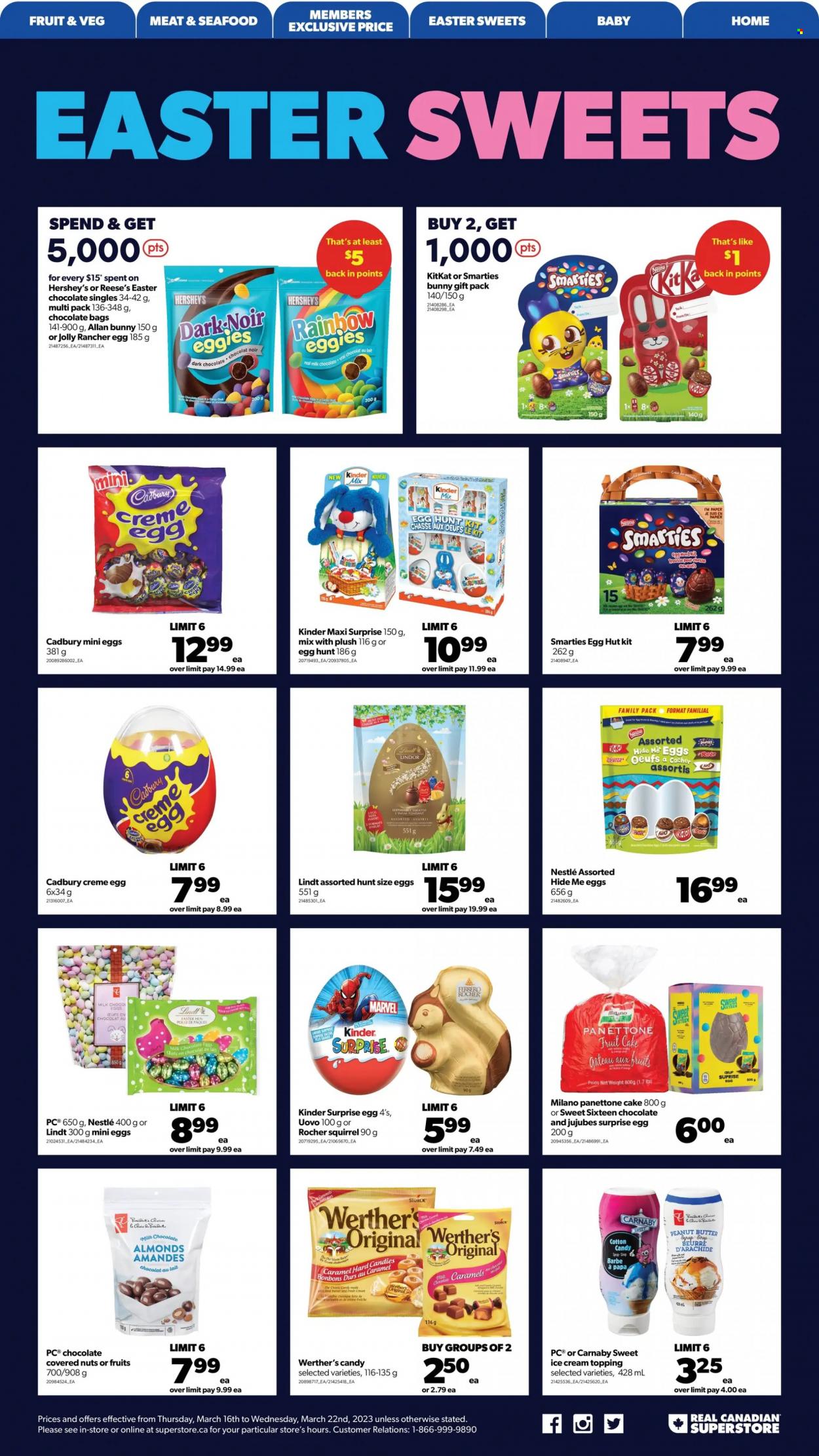 thumbnail - Real Canadian Superstore Flyer - March 16, 2023 - March 22, 2023 - Sales products - cake, panettone, seafood, ice cream, Reese's, Hershey's, Kinder Surprise, KitKat, Cadbury, topping, caramel, peanut butter, Nestlé, Lindt, Lindor, Smarties. Page 9.