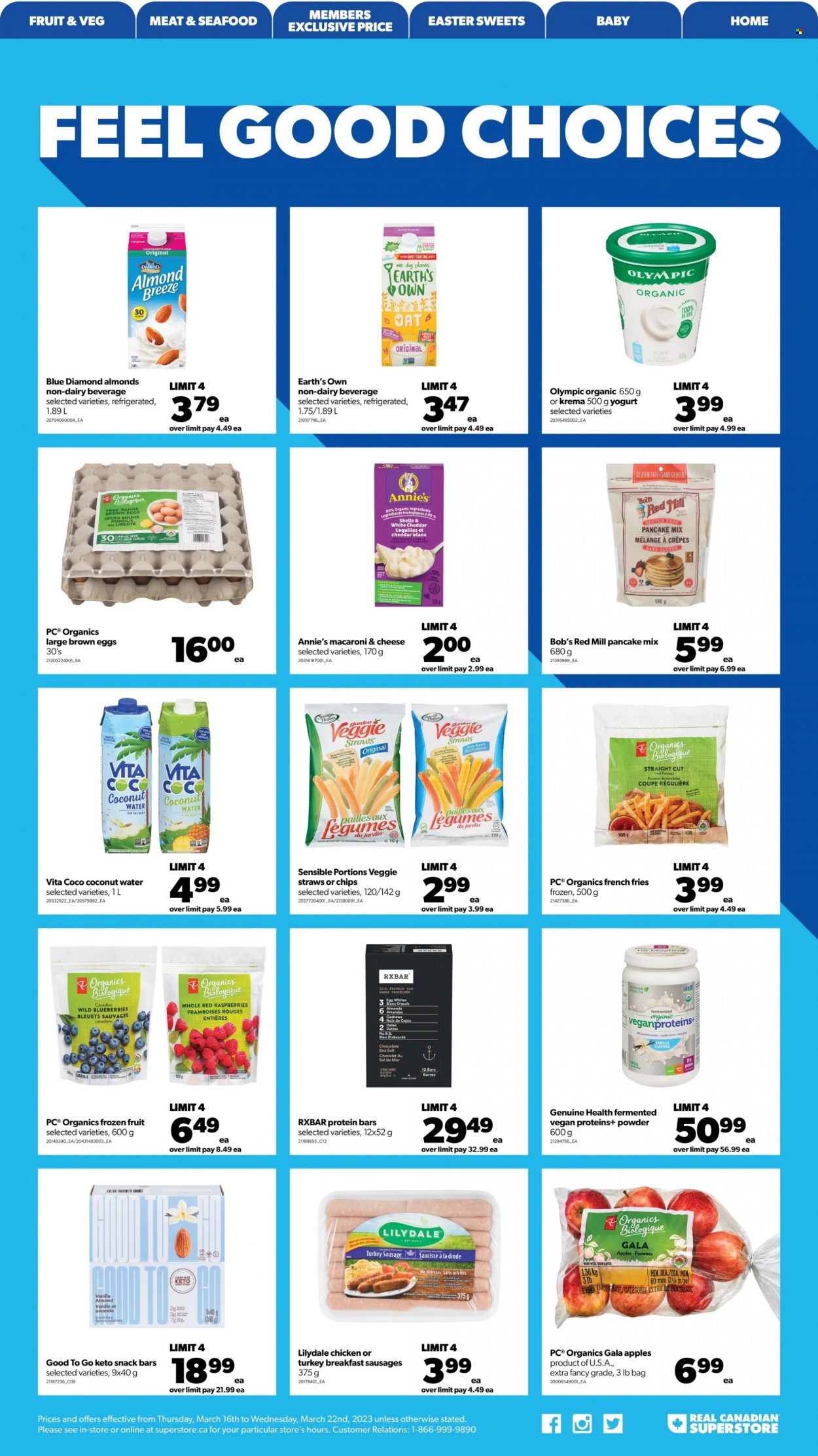 thumbnail - Real Canadian Superstore Flyer - March 16, 2023 - March 22, 2023 - Sales products - apples, blueberries, Gala, seafood, macaroni & cheese, pancakes, Annie's, sausage, yoghurt, Almond Breeze, potato fries, french fries, snack, snack bar, Veggie Straws, oats, protein bar, Blue Diamond, coconut water, Oros, water. Page 13.