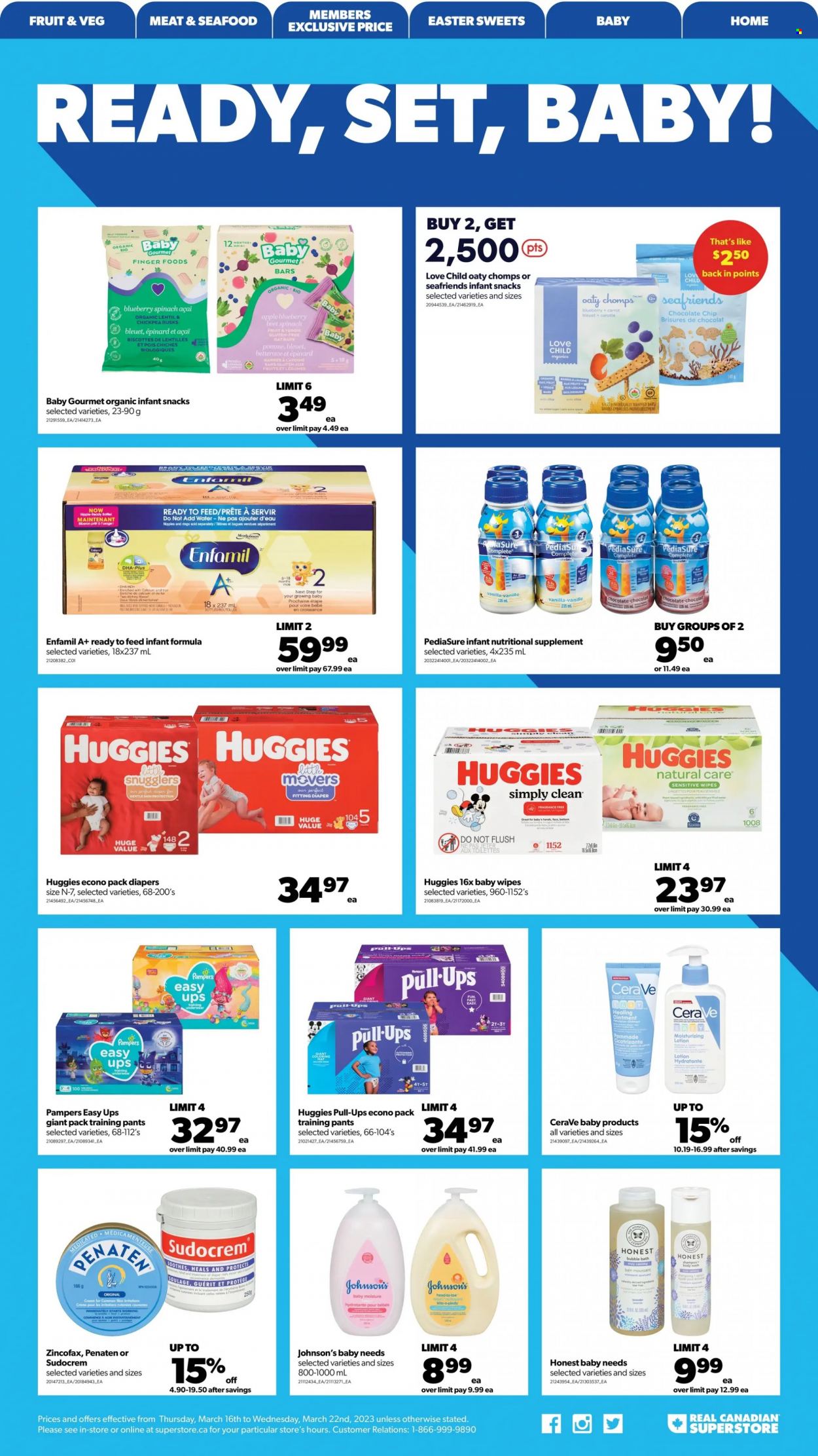 thumbnail - Real Canadian Superstore Flyer - March 16, 2023 - March 22, 2023 - Sales products - spinach, oranges, seafood, chocolate chips, snack, water, Enfamil, wipes, Pampers, pants, baby wipes, nappies, Johnson's, baby pants, CeraVe, body lotion, nutritional supplement, Sudocrem, Huggies. Page 15.