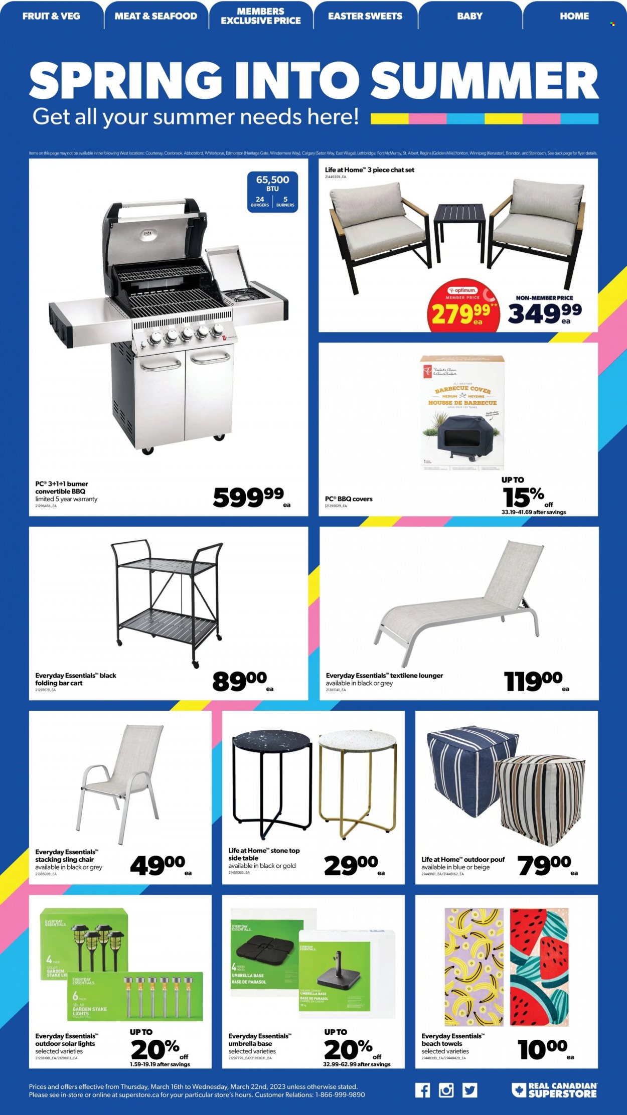 thumbnail - Real Canadian Superstore Flyer - March 16, 2023 - March 22, 2023 - Sales products - chair, seafood, hamburger, beach towel, Optimum, table, sidetable, solar light, garden stake. Page 18.