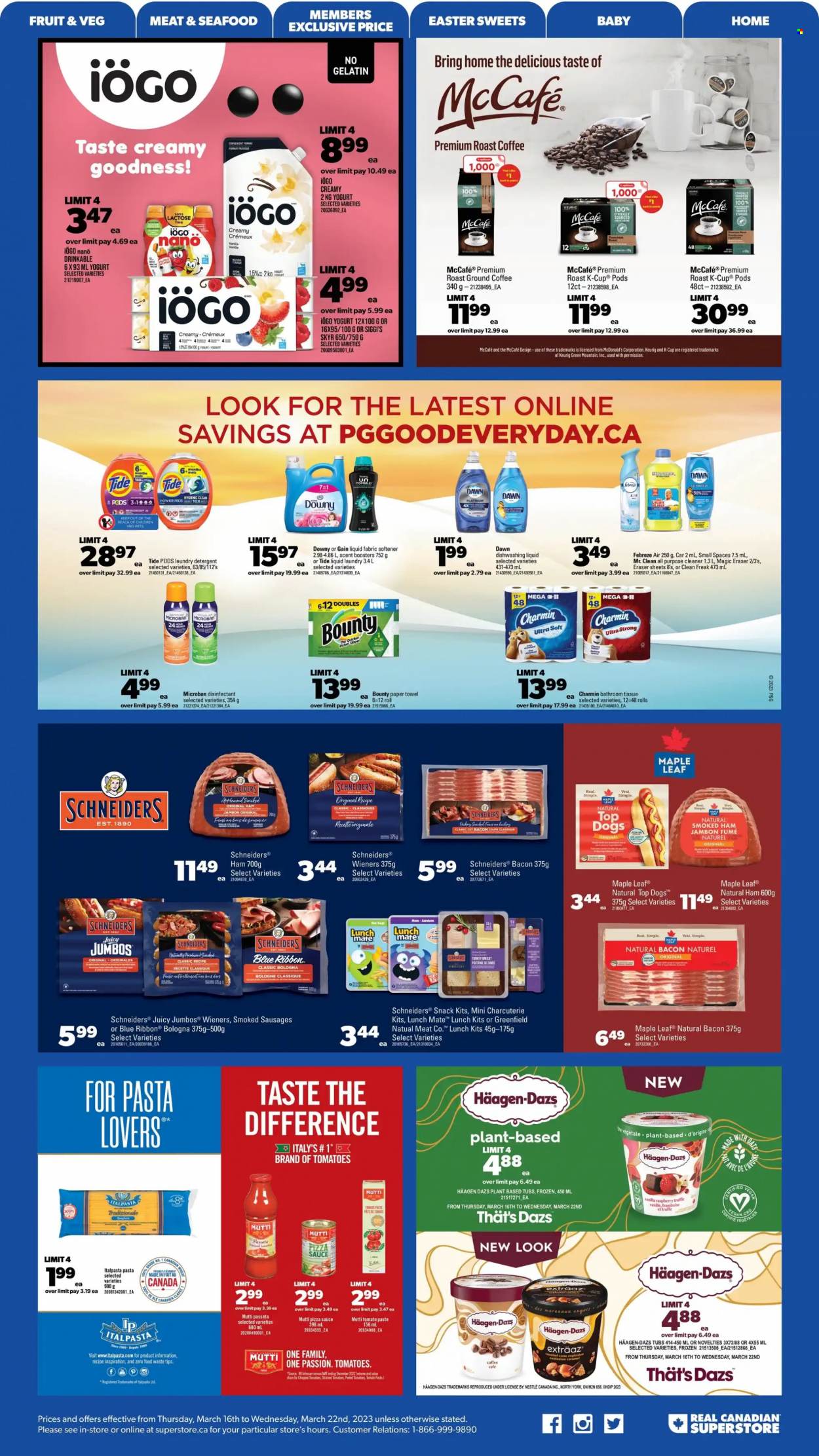 thumbnail - Real Canadian Superstore Flyer - March 16, 2023 - March 22, 2023 - Sales products - Blue Ribbon, seafood, pasta, roast, bacon, ham, smoked ham, bologna sausage, sausage, yoghurt, Häagen-Dazs, snack, Bounty, truffles, coffee, ground coffee, coffee capsules, McCafe, K-Cups, Keurig, Green Mountain, bath tissue, paper towels, Charmin, Febreze, Gain, cleaner, all purpose cleaner, Tide, fabric softener, laundry detergent, scent booster, dishwashing liquid, eraser, gelatin, detergent, Nestlé, desinfection. Page 20.