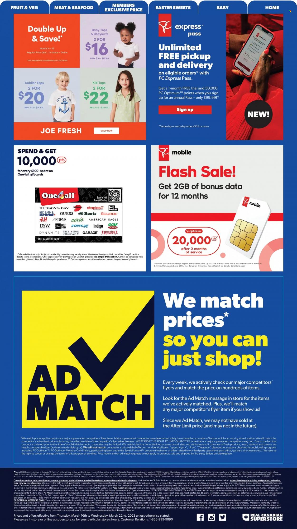 thumbnail - Real Canadian Superstore Flyer - March 16, 2023 - March 22, 2023 - Sales products - seafood, alcohol, Guess, Optimum, phone, SIM card, Energizer. Page 21.