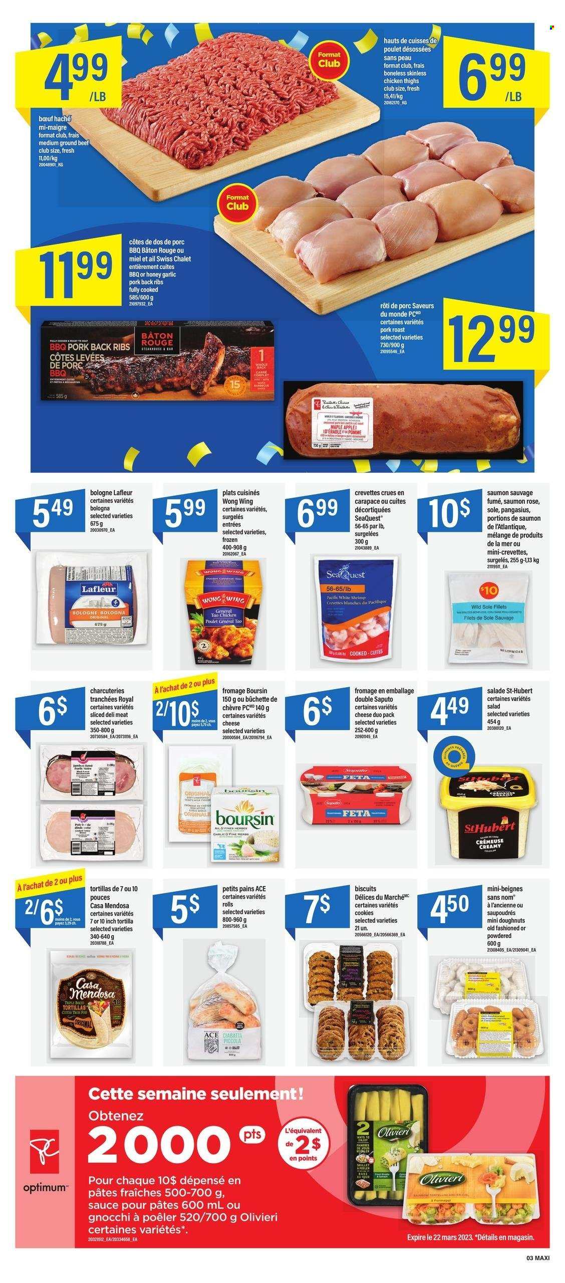 thumbnail - Maxi Flyer - March 16, 2023 - March 22, 2023 - Sales products - tortillas, Ace, donut, salad, pangasius, shrimps, sauce, roast, bologna sausage, cheese, feta, cookies, Mars, biscuit, rosé wine, chicken thighs, chicken, beef meat, ground beef, ribs, pork meat, pork ribs, pork roast, pork back ribs, ciabatta, gnocchi. Page 3.
