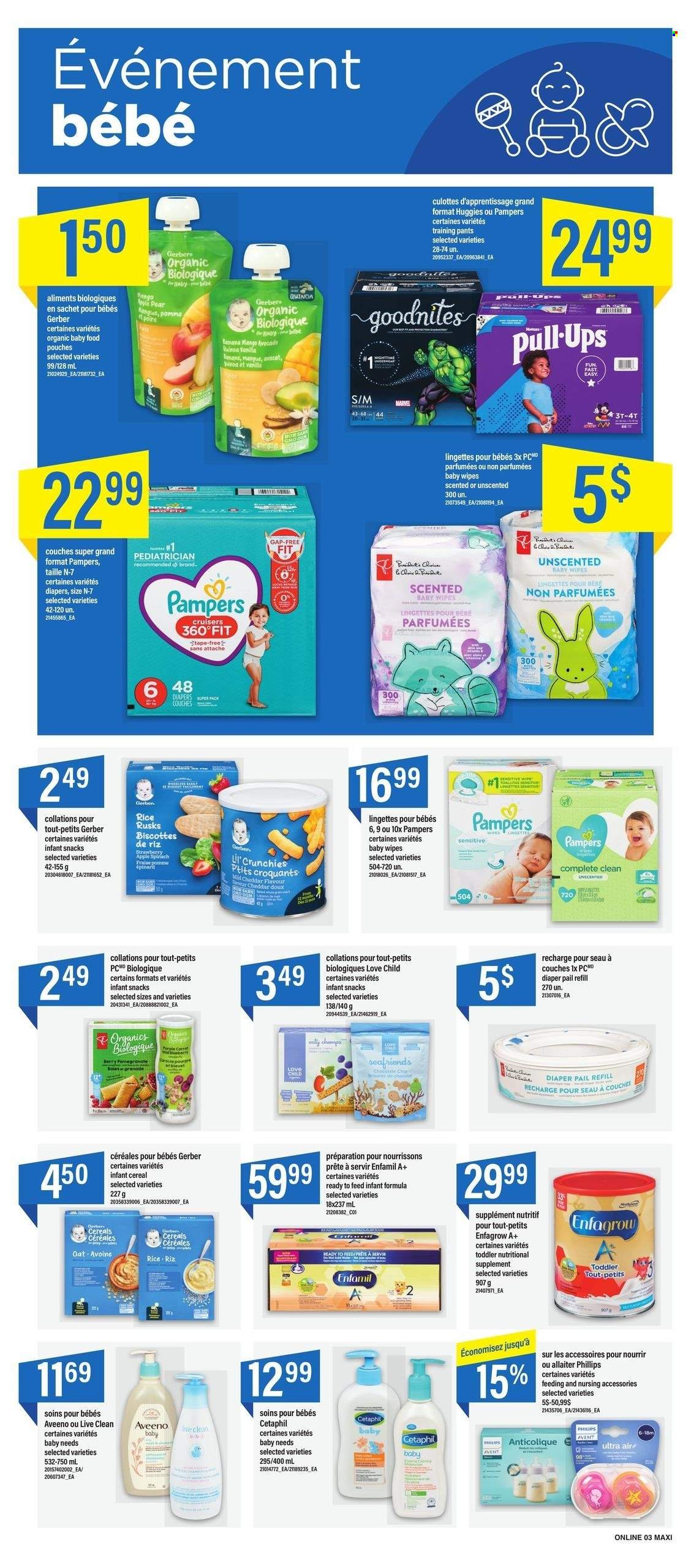 thumbnail - Maxi Flyer - March 16, 2023 - March 22, 2023 - Sales products - rusks, avocado, pears, pomegranate, cheddar, Président, chocolate, snack, Gerber, Lil' Crunchies, oats, cereals, water, Enfamil, organic baby food, wipes, Pampers, pants, baby wipes, nappies, baby pants, Aveeno, nutritional supplement, quinoa, Huggies. Page 8.