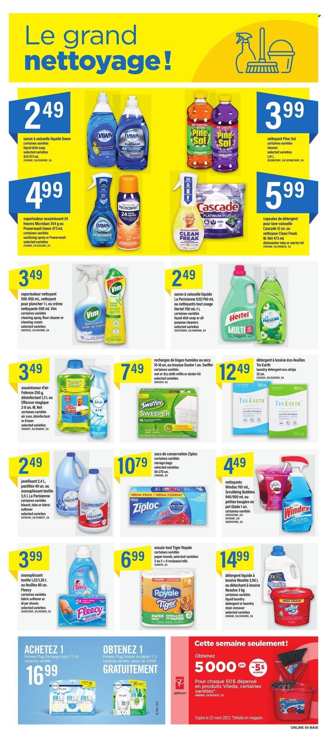 thumbnail - Maxi Flyer - March 16, 2023 - March 22, 2023 - Sales products - strips, Mars, pastilles, kitchen towels, paper towels, Febreze, Windex, Scrubbing Bubbles, cleaner, bleach, floor cleaner, stain remover, Woolite, Pine-Sol, Swiffer, fabric softener, laundry detergent, Cascade, dryer sheets, soap, fragrance, bag, Ziploc, detergent, desinfection. Page 9.
