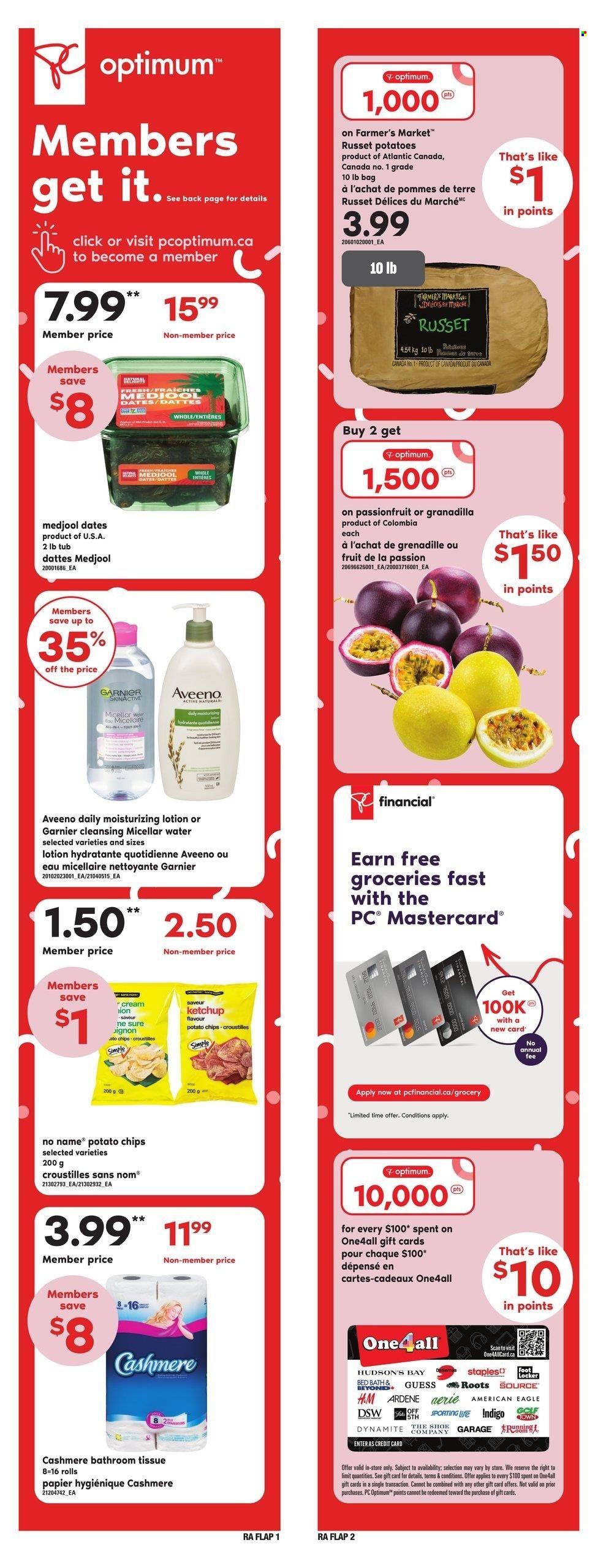 thumbnail - Atlantic Superstore Flyer - March 16, 2023 - March 22, 2023 - Sales products - russet potatoes, No Name, potato chips, chips, dried dates, water, Aveeno, bath tissue, micellar water, body lotion, Sure, Guess, Optimum, Garnier, ketchup. Page 14.
