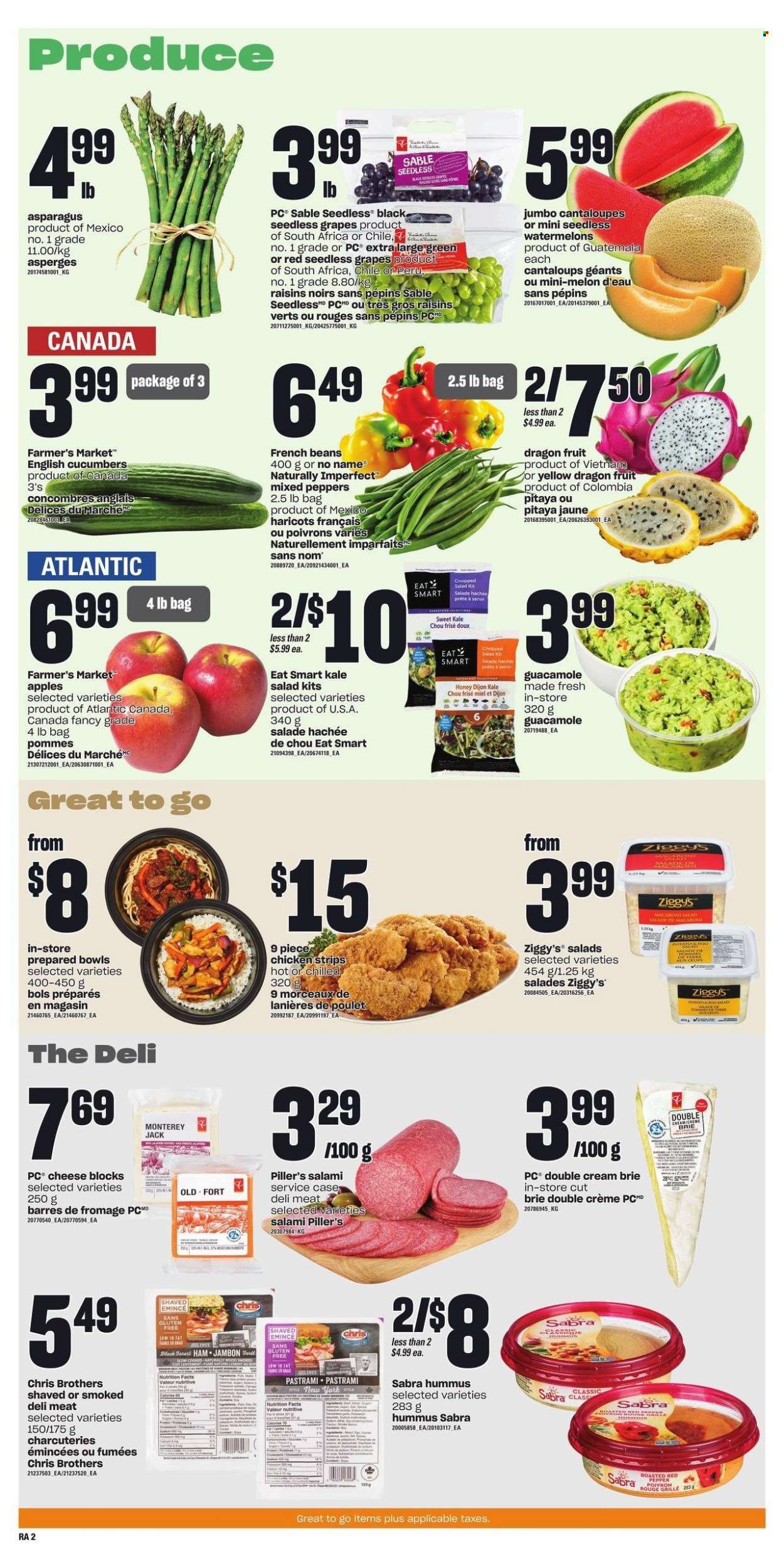 thumbnail - Atlantic Superstore Flyer - March 16, 2023 - March 22, 2023 - Sales products - macaroons, asparagus, beans, cantaloupe, cucumber, french beans, kale, salad, peppers, chopped salad, apples, grapes, seedless grapes, melons, dragon fruit, No Name, salami, ham, pastrami, hummus, guacamole, macaroni salad, Monterey Jack cheese, cheese, brie, strips, chicken strips, honey, dried fruit, BROTHERS, beef meat, raisins. Page 3.